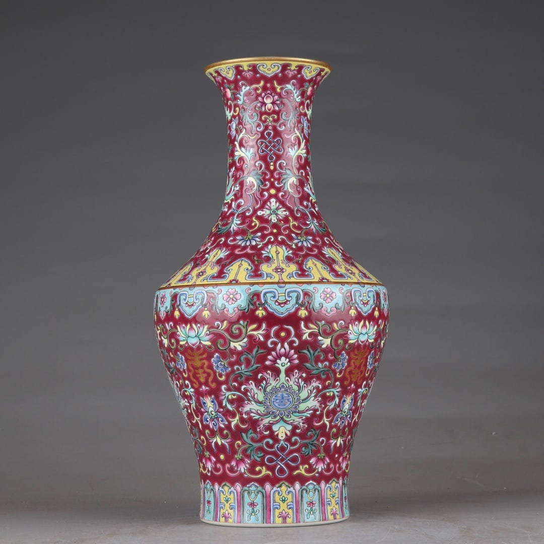 An Exquisite Famille-Rose Ruby Red-Glazed Painted Gold Lotus Pattern Vase (1 of 9)