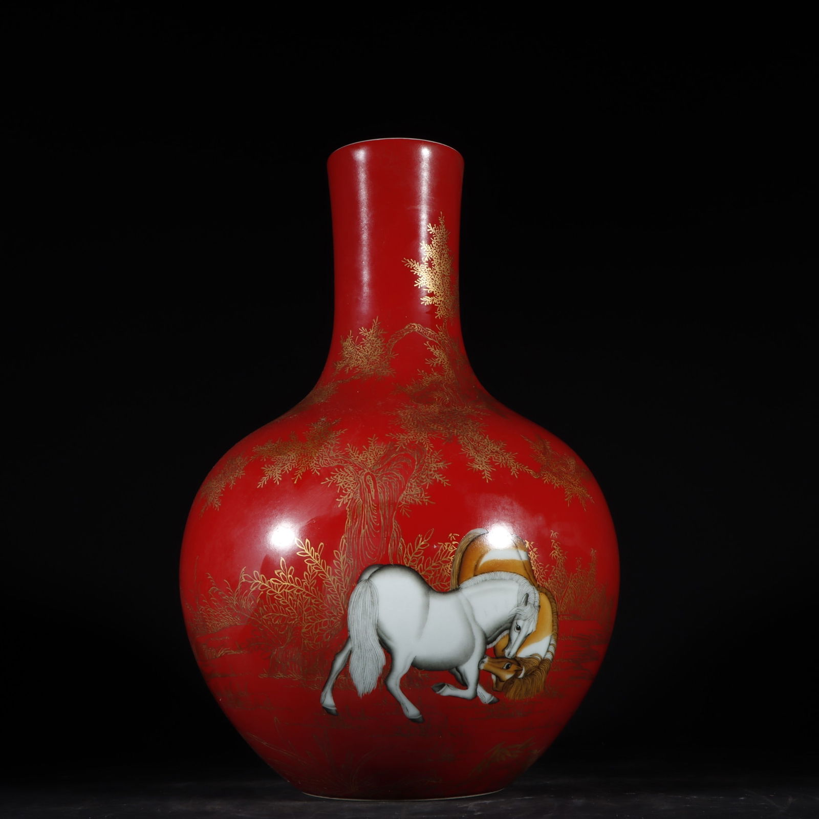 A Rare Enamel Red Glazed Horse Pattern Vase,with Poem: A Rare Enamel Red Glazed Horse Pattern Vase,with Poem,Qing Dynasty,China,Qianlong Six-Character Mark,Size:12.8inx8.3in 珐琅彩红釉骏马纹瓶,带
