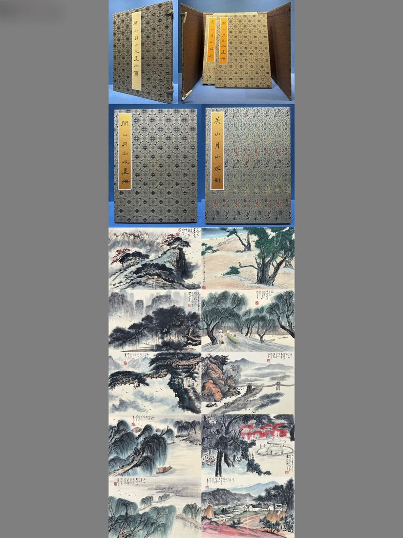 A Set of Chinese Album Ink Painting of Landscape on Paper: A Set of Chinese Album Ink Painting of Landscape on Paper,Guan Shanyue,Size:(Album)9.8inx13.4in,(Without Frame)19.7inx13.4in 一套中国水墨山水画