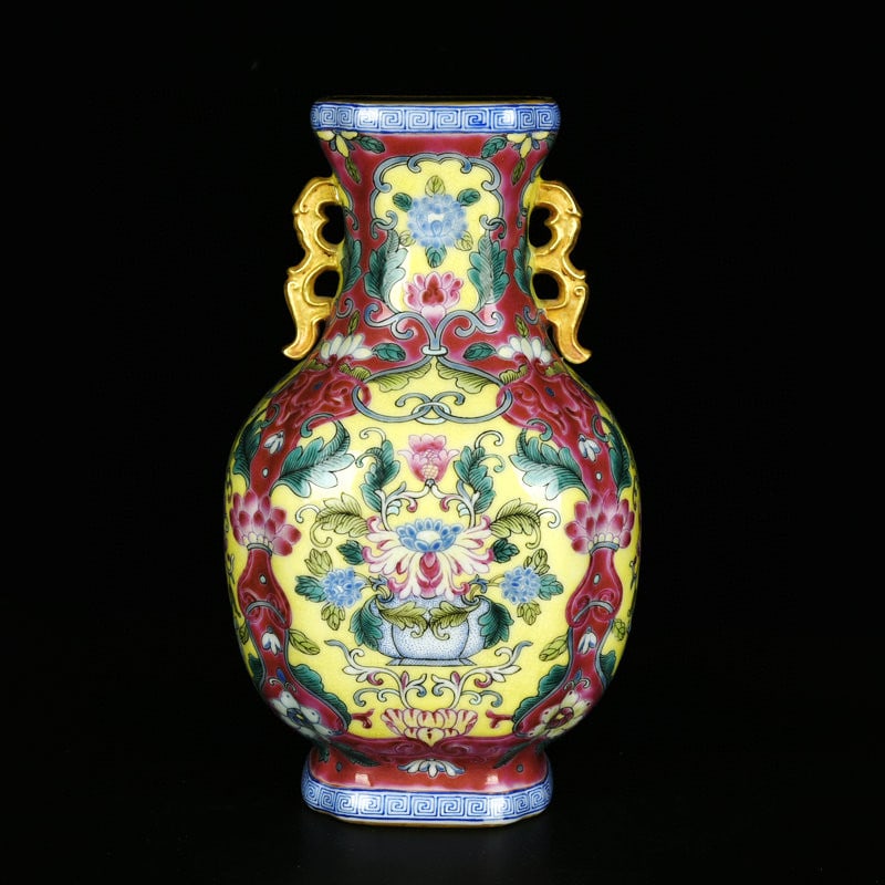 An Exquisite Enamel Painted Gold Lotus Pattern Double-Ears Vase: An Exquisite Enamel Painted Gold Lotus Pattern Double-Ears Vase,Qing Dynasty,China,Kangxi Four-Character Mark,Size:7.7inx4.7inx4.1in 