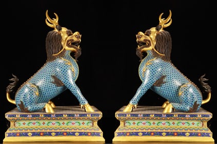 A Pair of Huge Cloisonne Lotus Pattern Kylin Ornament