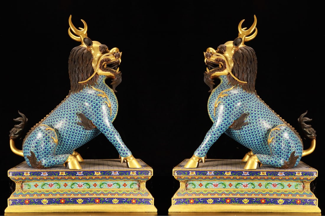 A Pair of Huge Cloisonne Lotus Pattern Kylin Ornament: A Pair of Huge Cloisonne Lotus Pattern Kylin Ornament,(A type of enamelware with metal wires separating colored glaze, originating in China),Qing Dynasty,China,Qianlong Six-character Mark,Size:16.9inx