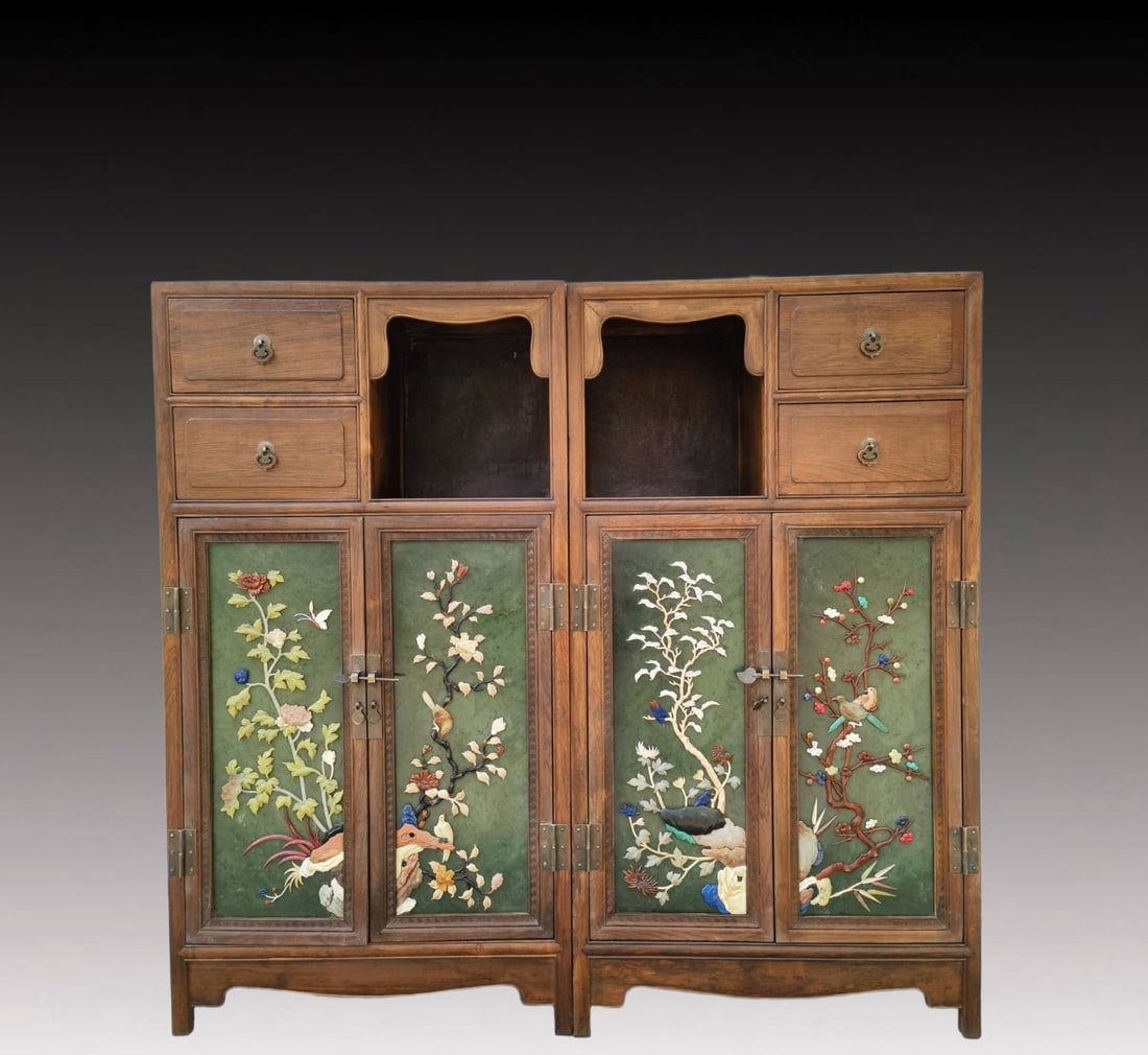 A Pair of Huge Huanghuali wood Inlaid Jasper Flower and Bird Pattern Cabinets, Inlaid Gems: A Pair of Huge Huanghuali wood Inlaid Jasper Flower and Bird Pattern Cabinets, Inlaid Gems,Qing Dynasty, China,Size:38.6inx20.9inx9.1in 一对黄花梨木镶碧