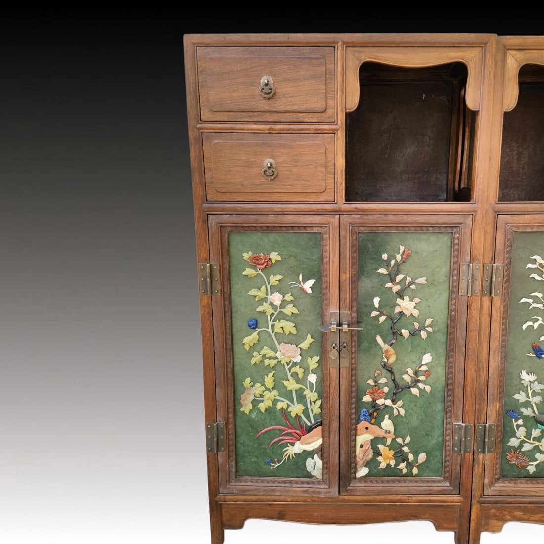 A Pair of Huge Huanghuali wood Inlaid Jasper Flower and Bird Pattern Cabinets, Inlaid Gems - 2