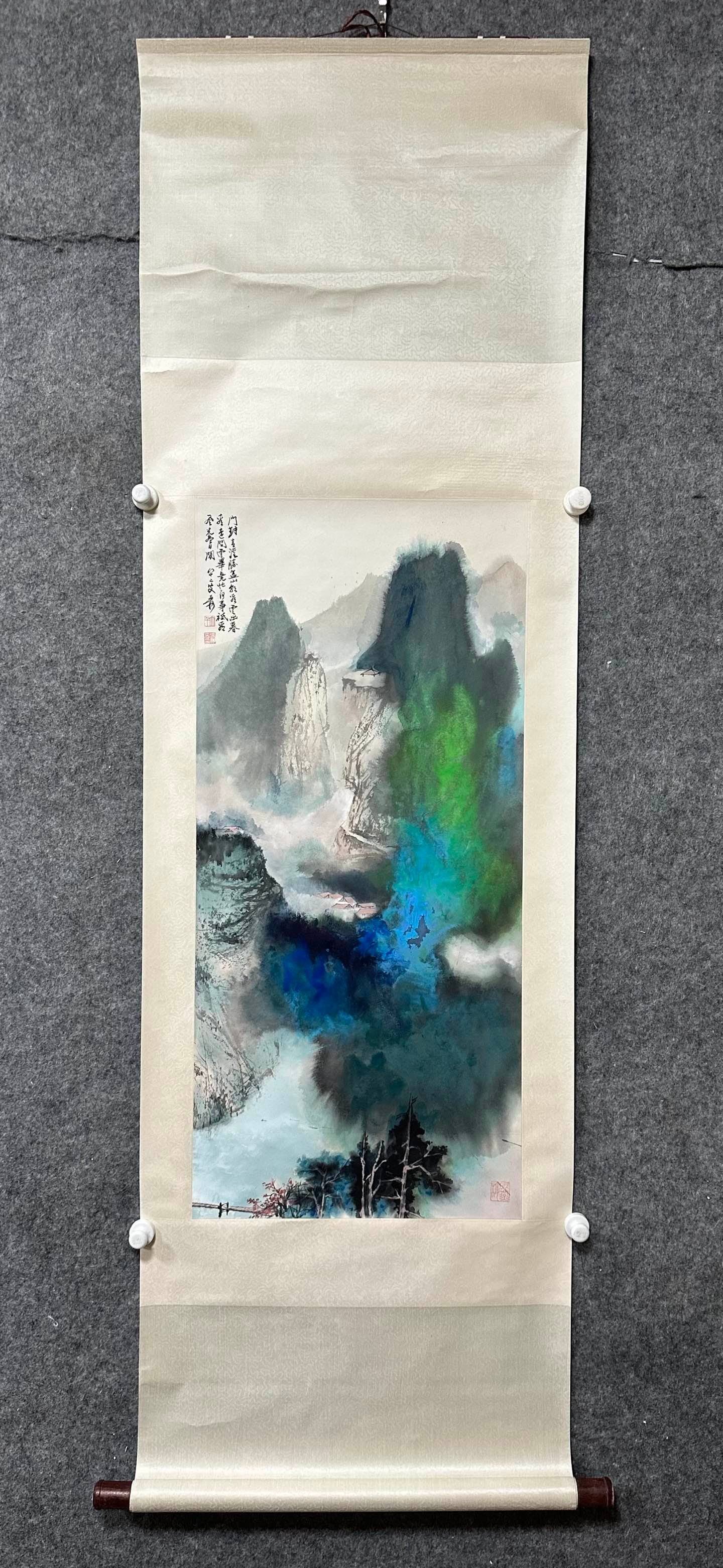 A Chinese Vertical Scroll Ink Painting of Landscape on Paper: A Chinese Vertical Scroll Ink Painting of Landscape on Paper,Zhang Daqian,Size:17.5inx38.2in 一幅中国水墨山水画立轴,张大&#
