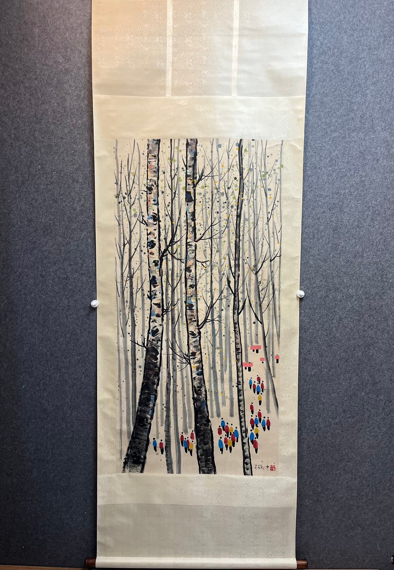 A Chinese Vertical Scroll Ink Painting of Landscape and Figure on Paper: A Chinese Vertical Scroll Ink Painting of Landscape and Figure on Paper,Wu Guanzhong,Size:26.4inx53.5in 一幅中国水墨山水人物画立