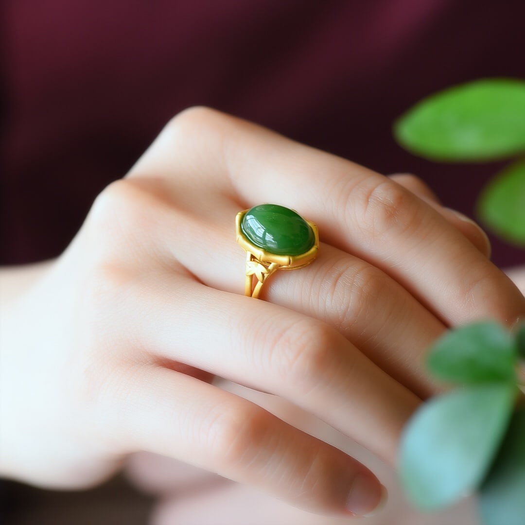 An Exquisite Sterling Silver-Gold Plated Inlaid Jasper Ring: An Exquisite Sterling Silver-Gold Plated Inlaid Jasper Ring,Size:0.4inx0.6in 纯银镀金镶碧玉戒指