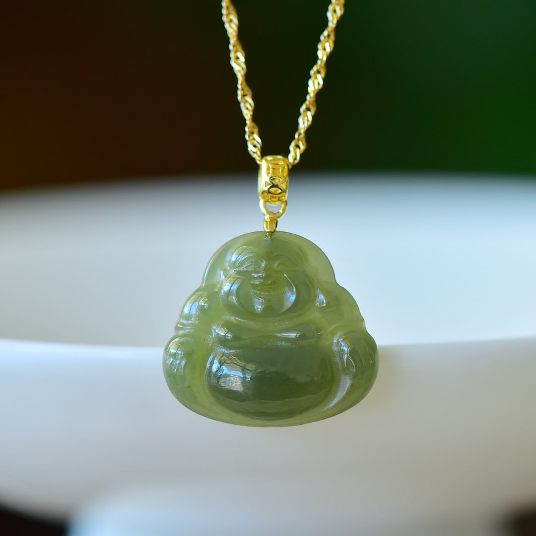 An Exquisite Sterling Silver-Gold Plated Inlaid Greenish Jade Pendant: Sterling Silver-Gold Plated Inlaid Greenish Jade Pendant , Size :0.7inx0.8in 纯银镀金镶青玉吊坠,尺寸:0.7inx0.8in