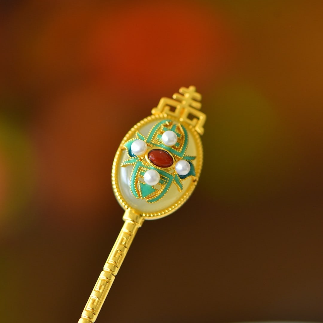 An Exquisite Sterling Silver-Gold Plated Inlaid White Jade Hairpin,Inlaid Pearl: An Exquisite Sterling Silver-Gold Plated Inlaid White Jade Hairpin,Inlaid Pearl,Size:0.6inx0.8in 纯银镀金镶白玉发簪,嵌珍珠