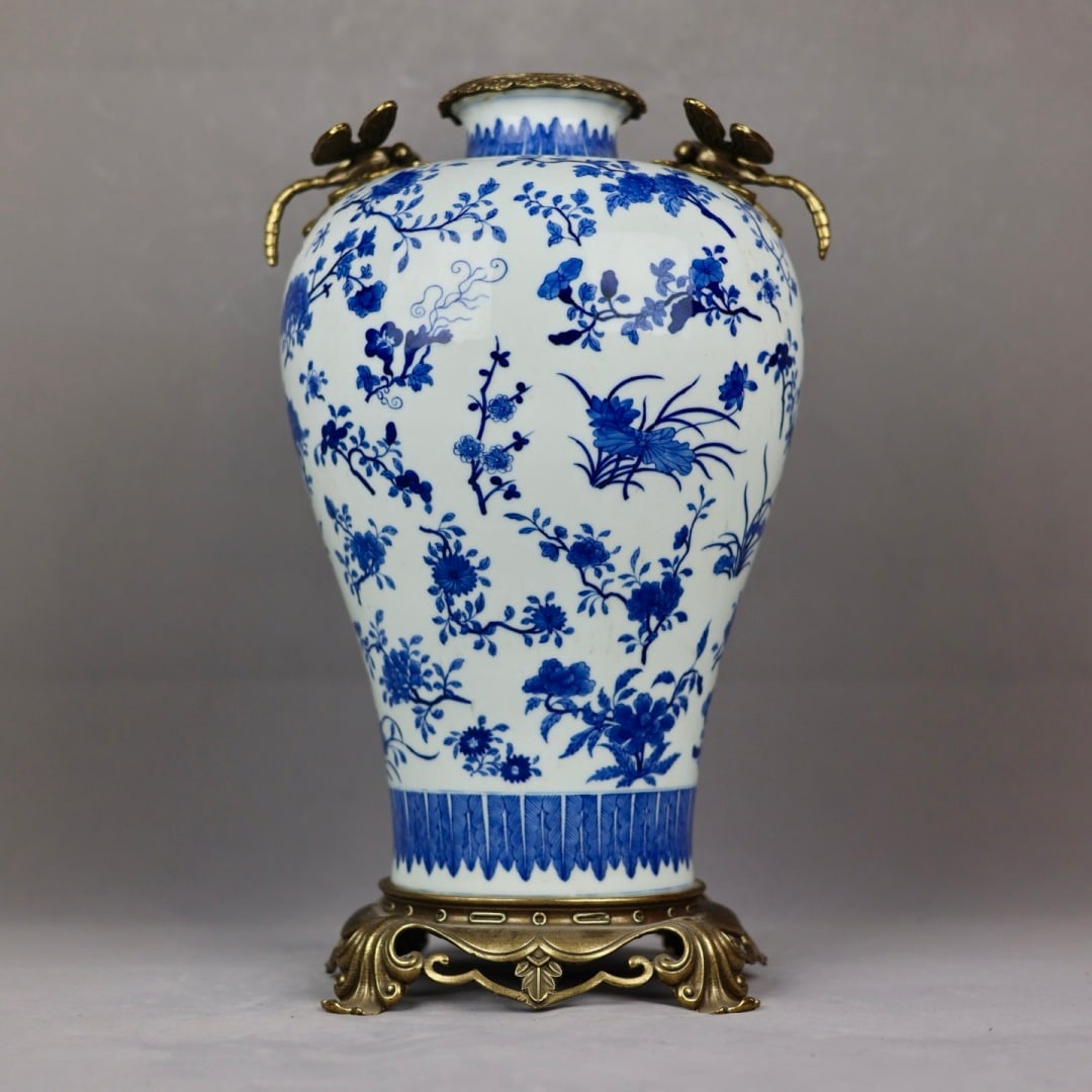 A Huge Blue and White Inlaid Bronze Flower Pattern Dragonfly-Ears Vase: A Huge Blue and White Inlaid Bronze Flower Pattern Dragonfly-Ears Vase,Qing Dynasty, China,Yongzheng Six-character Mark,Size:16.9inx3.9inx10.6inx8.1in 青花镶铜花卉&