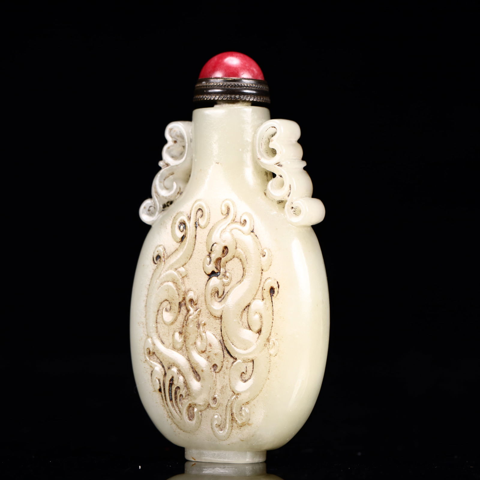 An Exquisite White Jade Dragon Pattern Double-Ears Snuff Bottle - 2