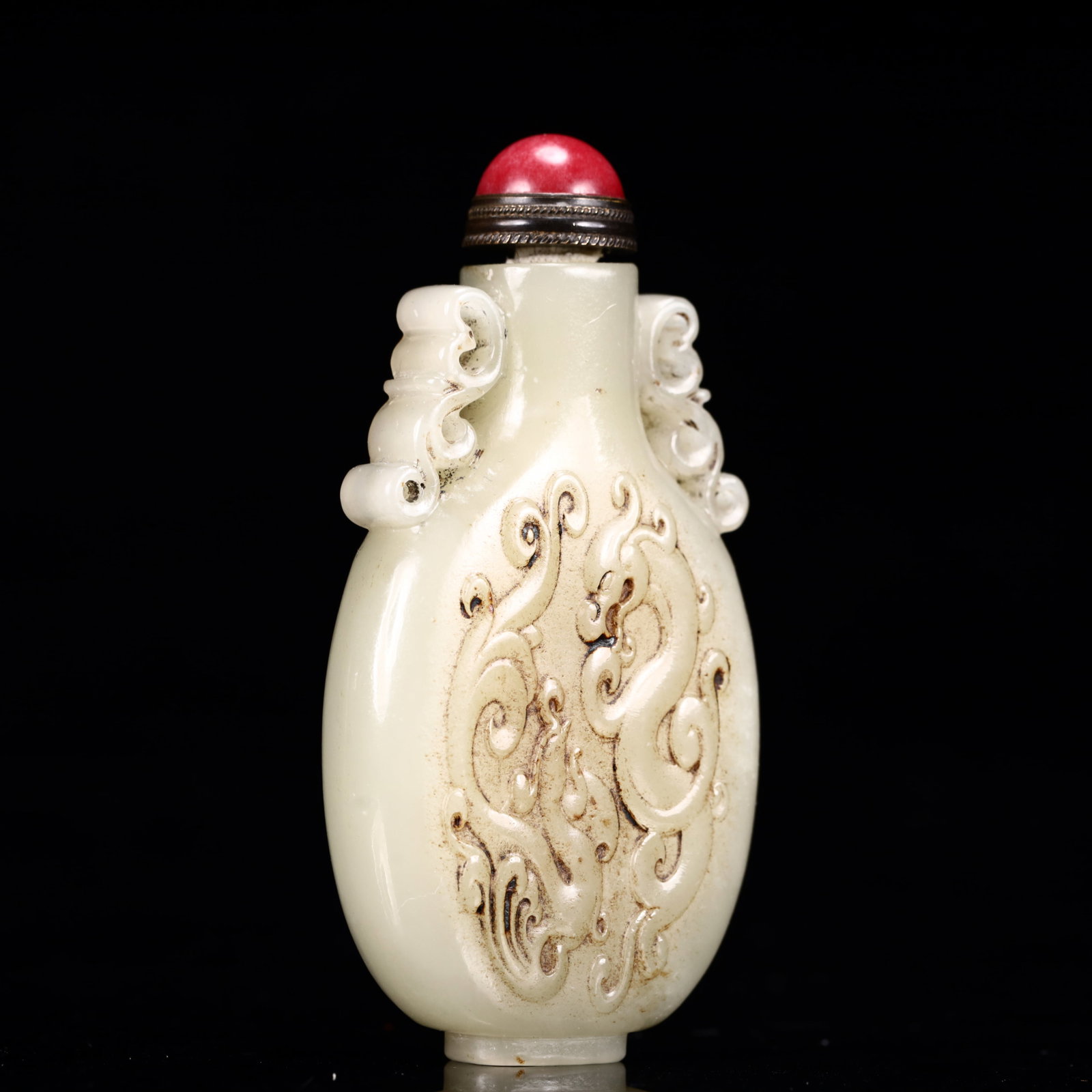 An Exquisite White Jade Dragon Pattern Double-Ears Snuff Bottle - 3