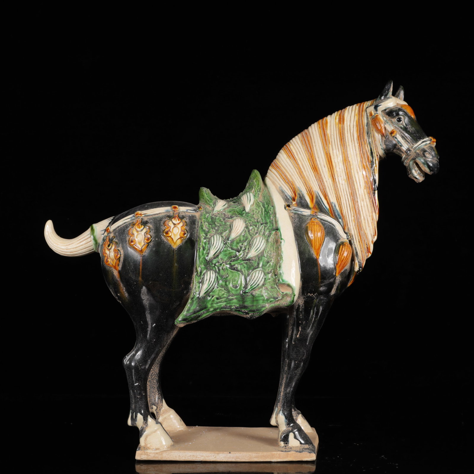 A Rare Tang Tri-Color Glazed Pottery Horse Ornaments: A Rare Tang Tri-Color Glazed Pottery Horse Ornaments,Tang Dynasty,China,Size:16.9inx4.3inx16.5in,Weight:7560g 唐三彩骏马摆件,中国唐代