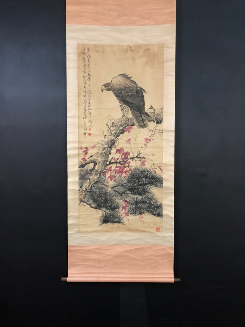 A Chinese Vertical Scroll Ink Painting of Pine and Eagle on Paper,Gao Jianfu: A Chinese Vertical Scroll Ink Painting of Pine and Eagle on Paper,Gao Jianfu,Size:23.1inx51.1in 