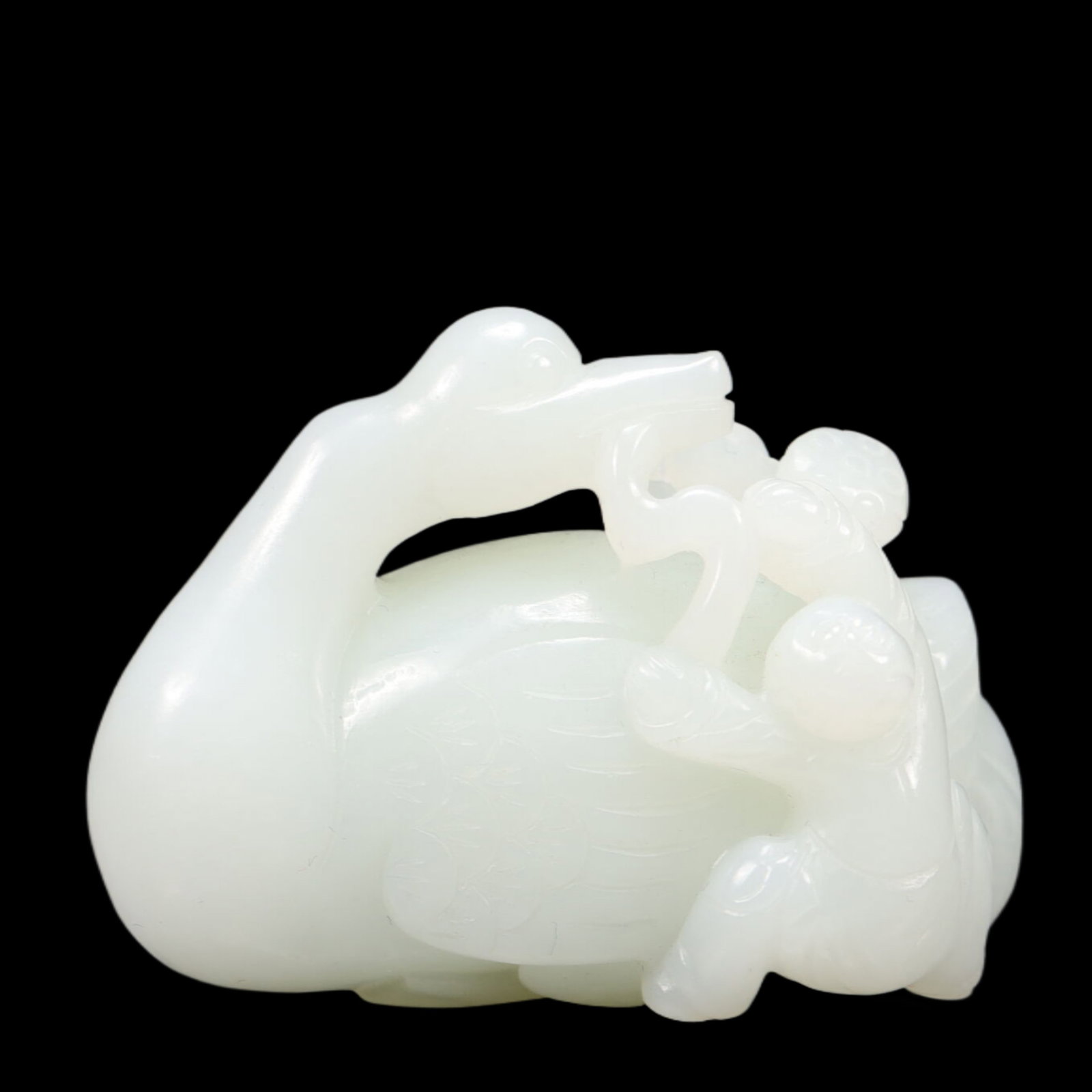 An Exquisite White Jade Figure Pattern Goose Ornament: An Exquisite White Jade Figure Pattern Goose Ornament, Qing Dynasty, China, Size:2.4inx1.4inx1.8in, Weight:110g 