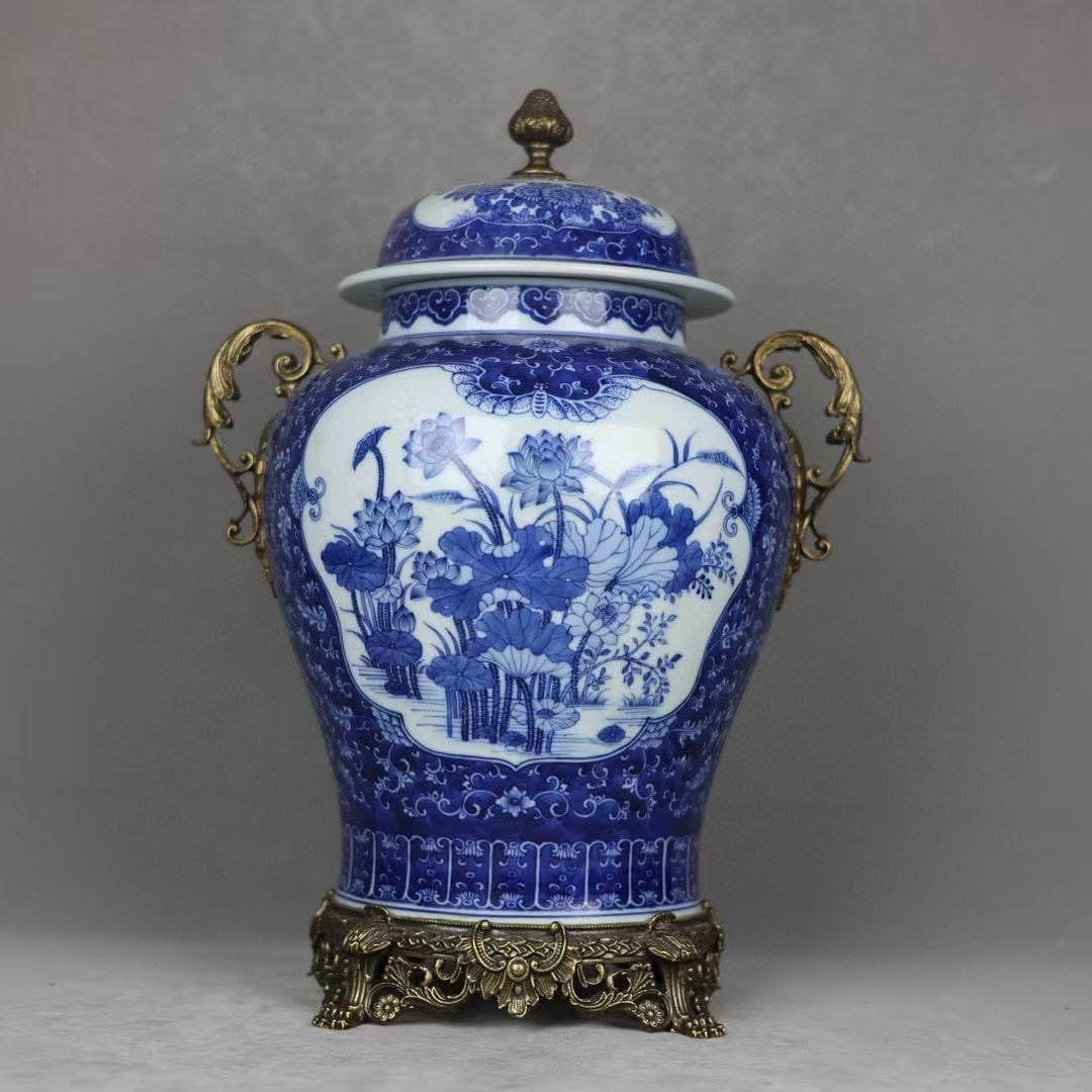 A Huge Blue and White Inlaid Bronze Flower Pattern Double-Ears Cover Jar: A Huge Blue and White Inlaid Bronze Flower Pattern Double-Ears Cover Jar,Qing Dynasty, China,Qianlong Six-character Mark,Size:18.5inx6.1inx13inx8.1in 