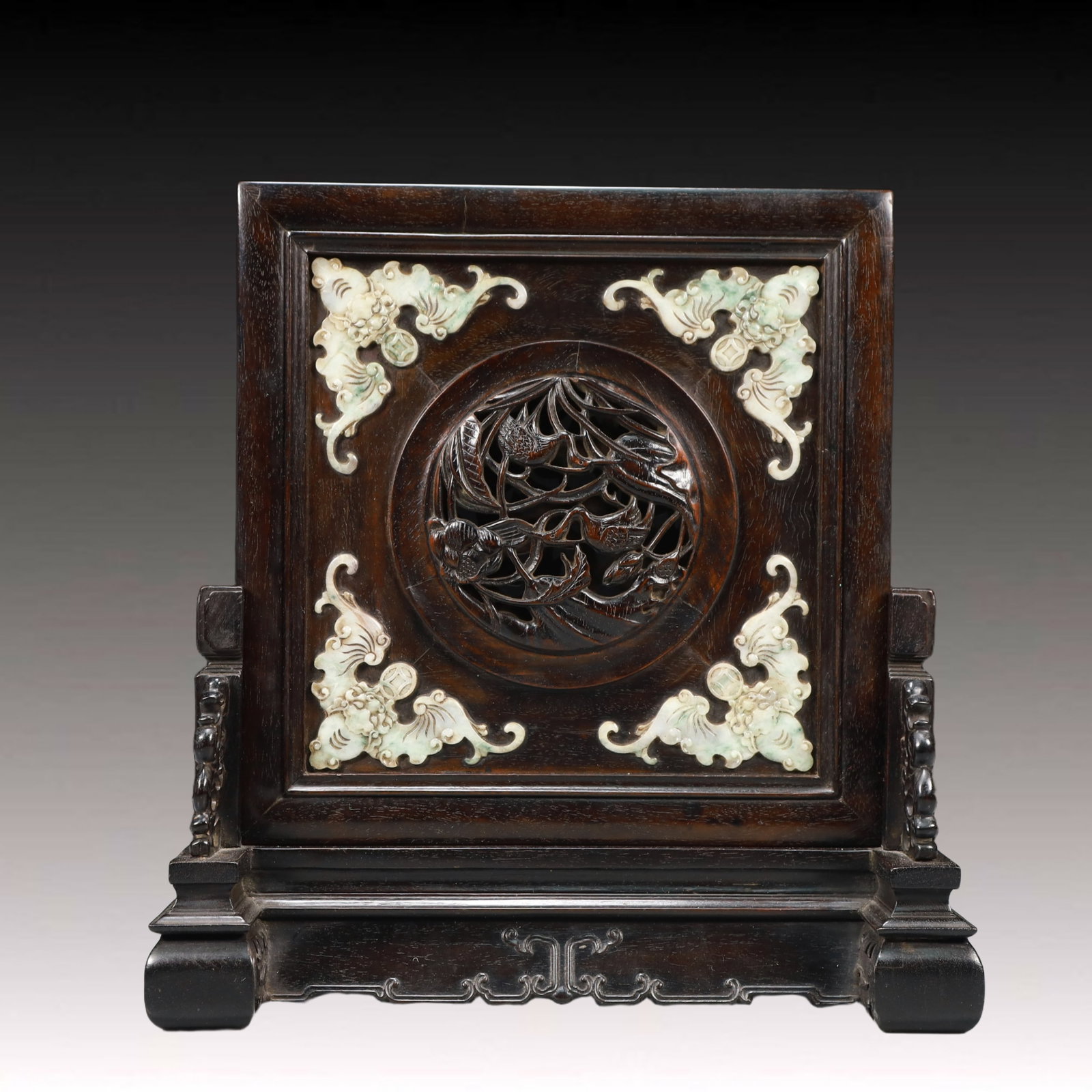 An Exquisite Zitanwood Inlaid Jadeite Bats Pattern Table Screen (1 of 8)