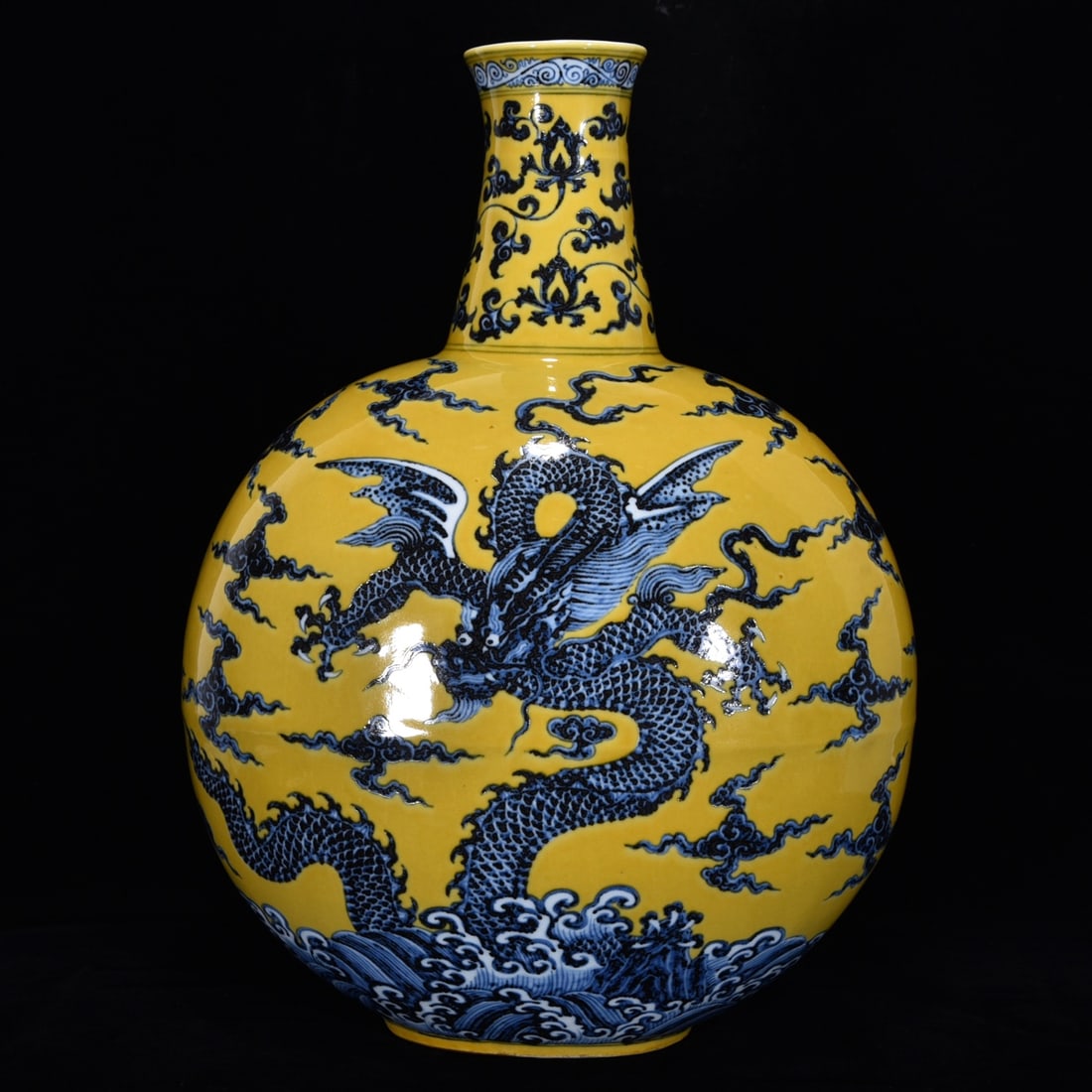 A Huge Yellow Ground Blue and White Seawater,Auspicious Cloud and Dragon Pattern Vase: A Huge Yellow Ground Blue and White Seawater,Auspicious Cloud and Dragon Pattern Vase,Ming Dynasty, China,Xuande Four-character Mark,Size:17.9inx13in 黄地青花海水&#