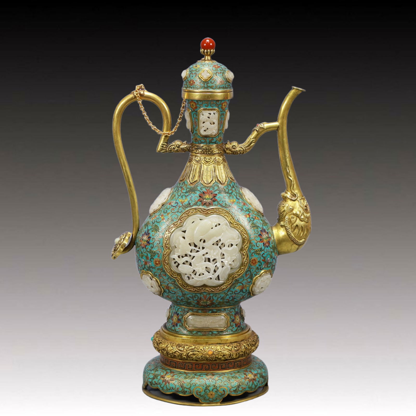 A Huge Cloisonne Inlaid White Jade Lotus and Dragon Pattern Ewer: A Huge Cloisonne Inlaid White Jade Lotus and Dragon Pattern Ewer,Qing Dynasty, China,Qianlong Six-character Mark,Size:11inx5.5inx19.7in,Weight:3500g 
