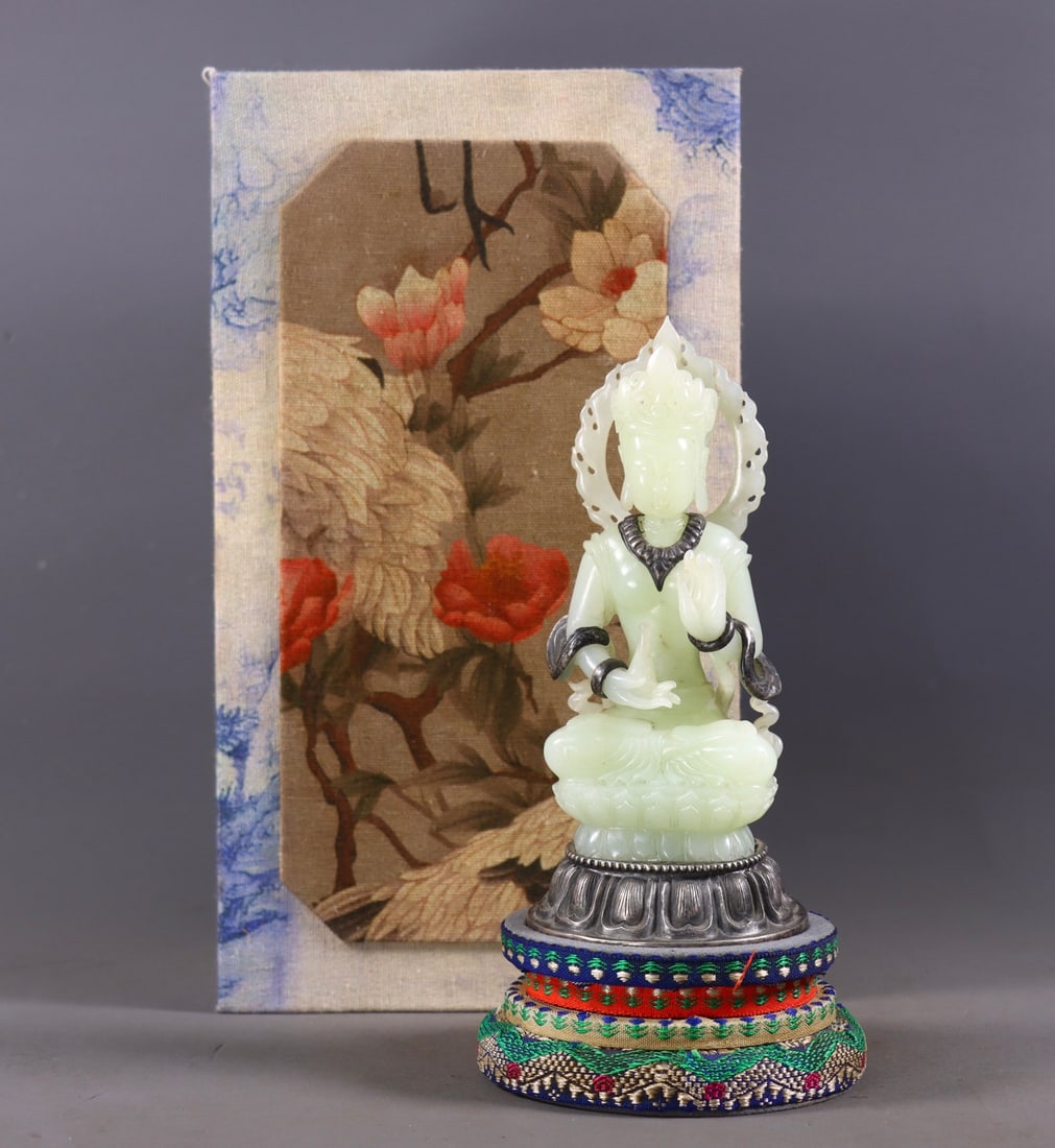 An Exquisite White Jade Cover with Silver Buddha Statue: An Exquisite White Jade Cover with Silver Buddha Statue,Qing Dynasty, China,Size:6.3inx3in,Weight:380g 白玉包银佛像,中国清代