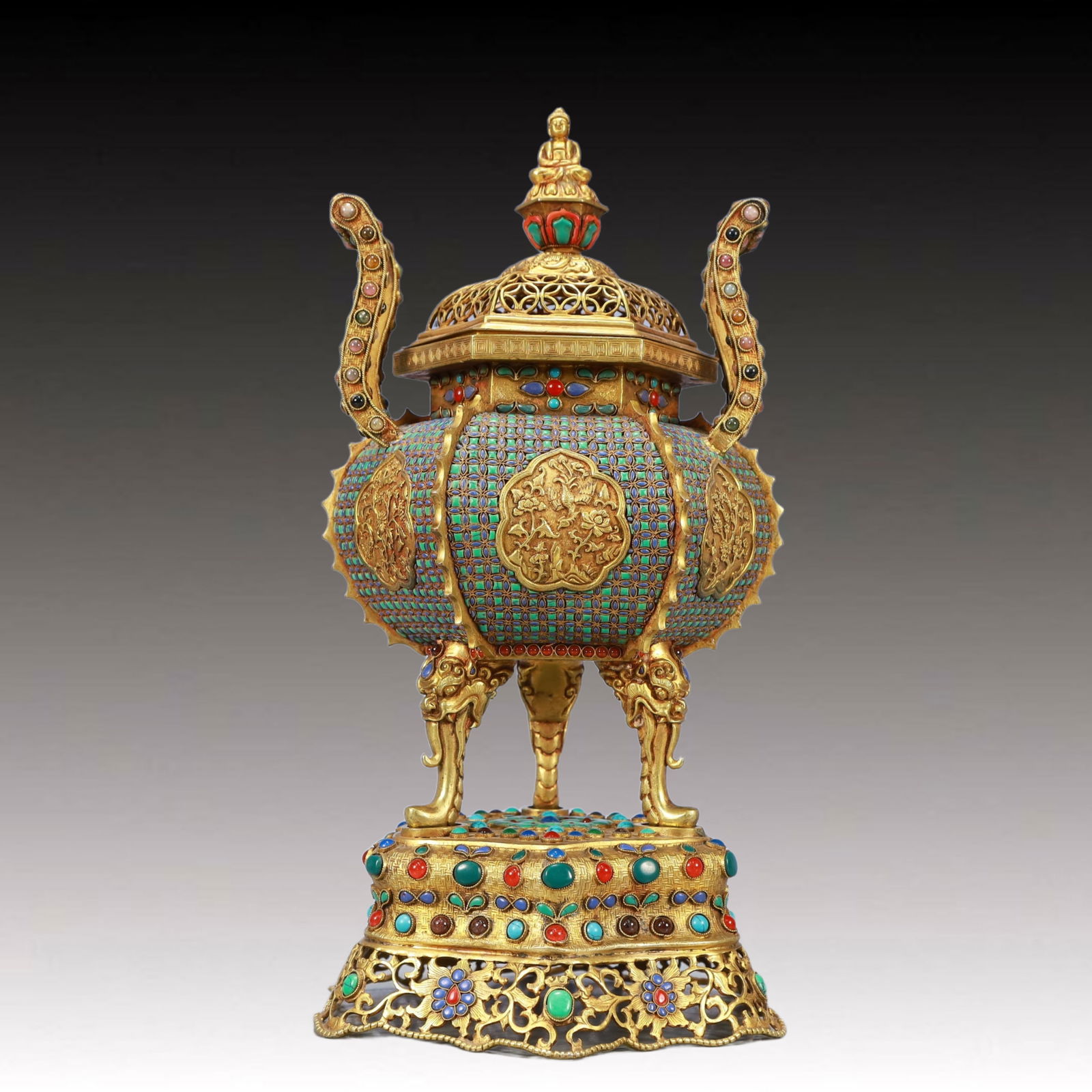 A Rare Gilt Bronze Flower and Bird Pattern Double-Ears and Tripod Censer,Inlaid Turquoise: A Rare Gilt Bronze Flower and Bird Pattern Double-Ears and Tripod Censer,Inlaid Turquoise,Tang Dynasty, China,Size:6.3inx5.7inx12.2in,Weight:2450g 铜鎏金花鸟纹Ö