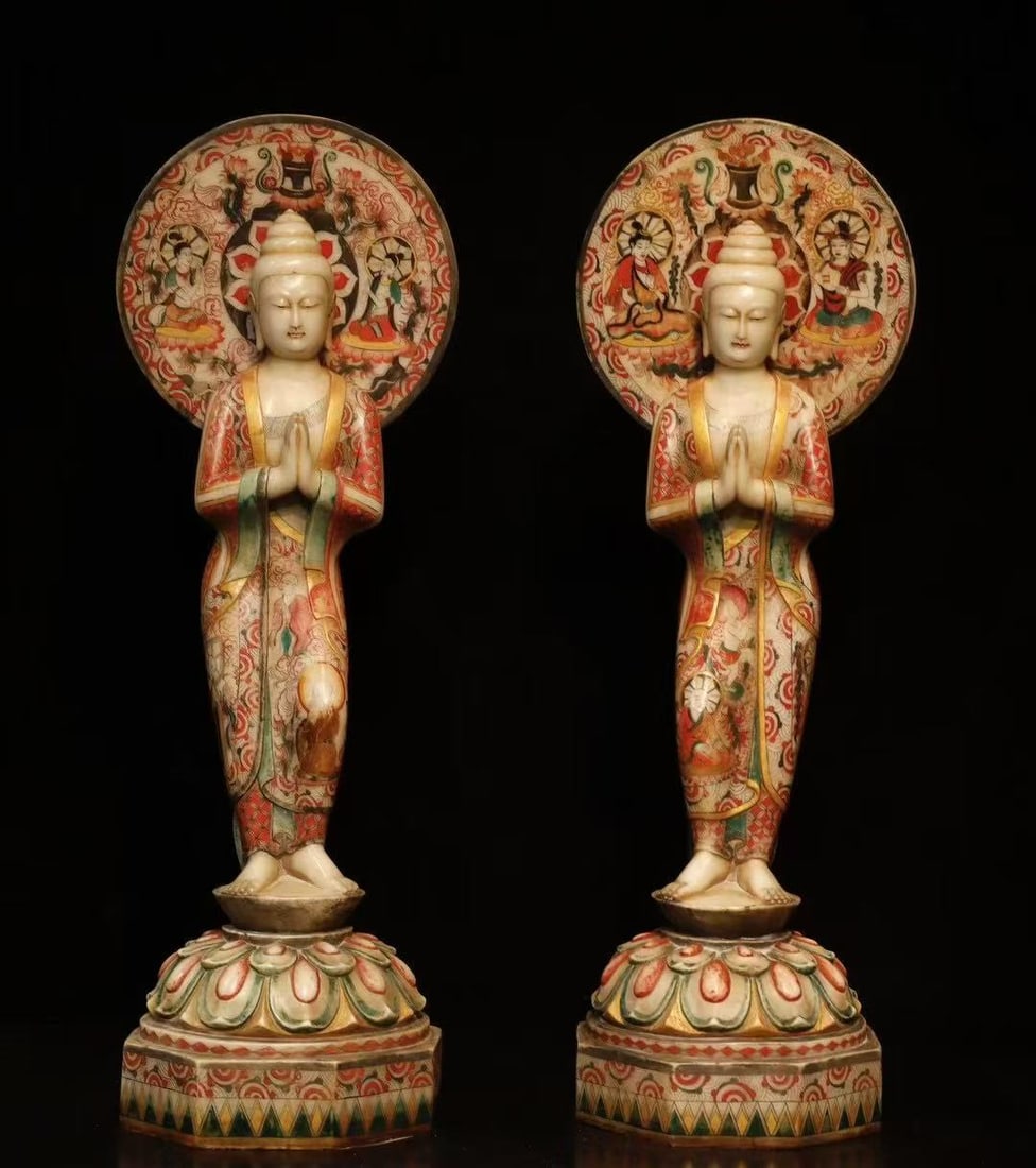A Pair of Solemn Marble Painted Color Statue of Bodhisattva: A Pair of Solemn Marble Painted Color Statue of Bodhisattva,N.Qi , China,Size:39.4inx14.2inx11.8in 