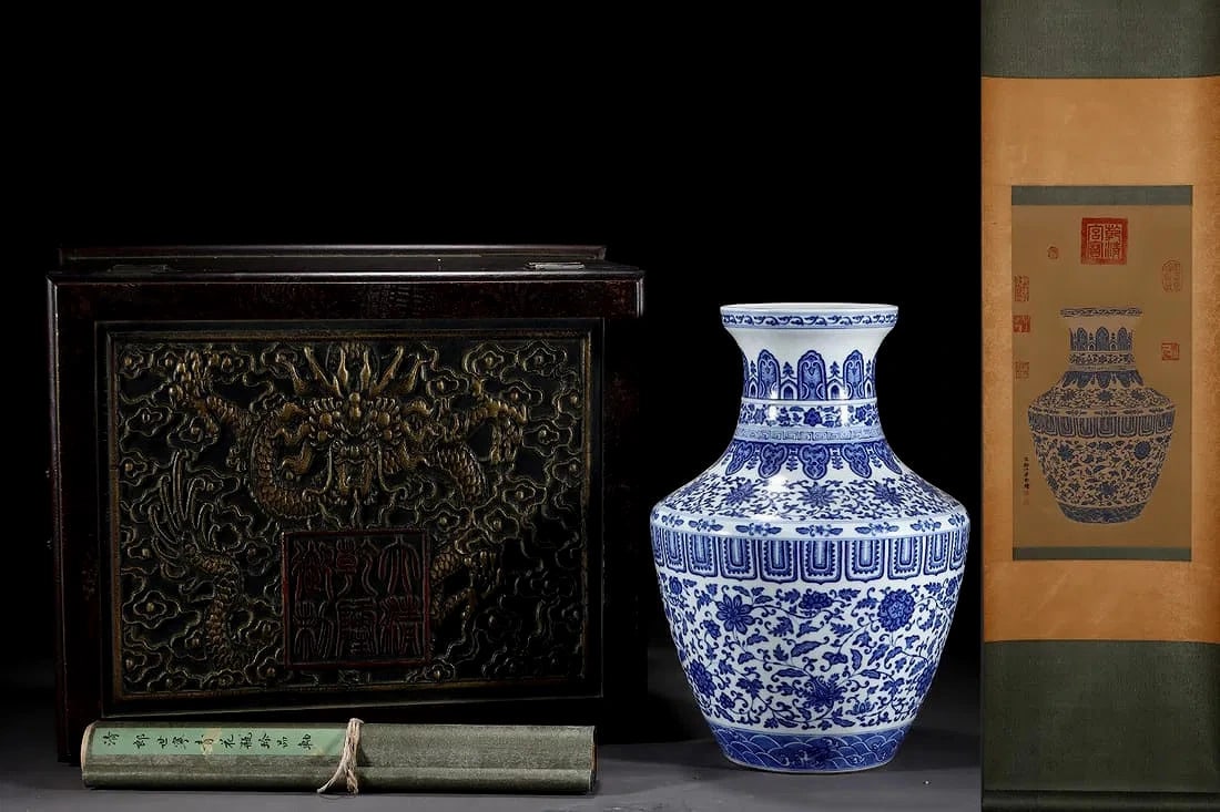 A Rare Blue and White Flower Pattern Vase,With Silk Vertical Scroll Ink Painting: A Rare Blue and White Flower Pattern Vase,With Silk Vertical Scroll Ink Painting,Qing Dynasty, China,Qianlong Six-character Mark,Size: Vase15.2inx10.4in;Painting22.8inx12in 