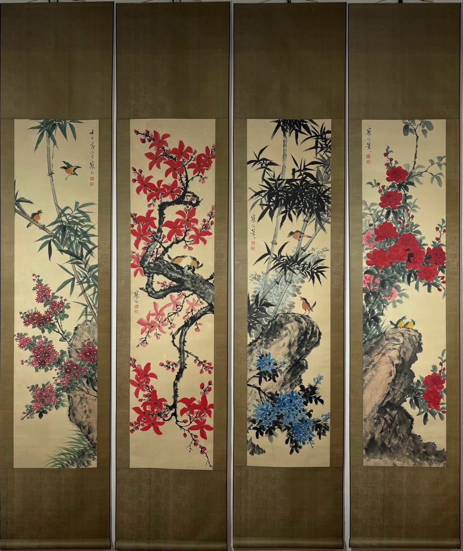 A Set of Chinese Vertical Scroll Ink Painting of Flower and Bird on Paper,Jiang Hanting: A Set of Chinese Vertical Scroll Ink Painting of Flower and Bird on Paper,Jiang Hanting,Size:(Without frame)53.5inx13in*4 一套中国水墨花鸟画ే