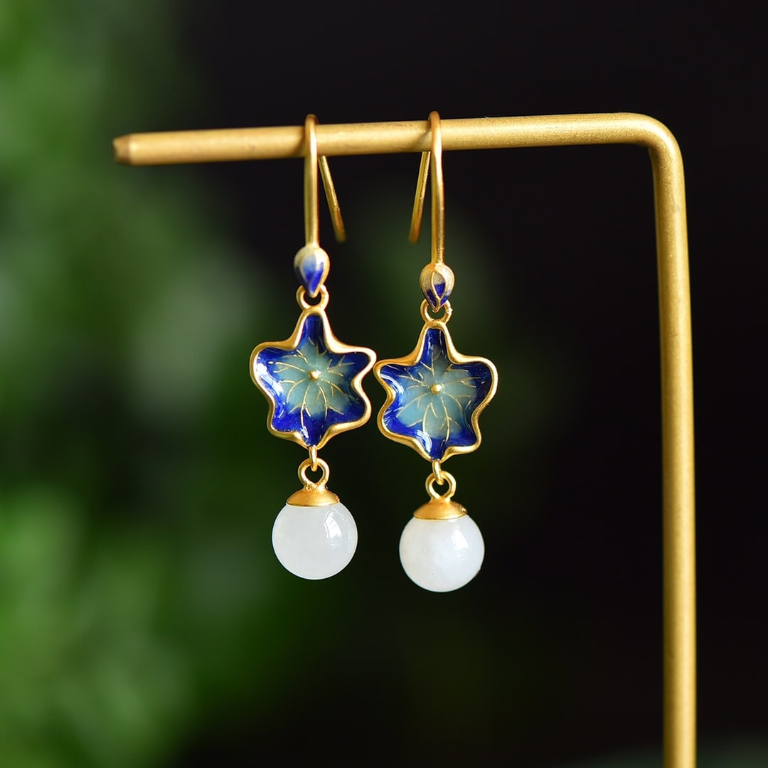 A Pair of Exquisite Sterling Silver-Gold Plated Inlaid White Jade Earrings: A Pair of Exquisite Sterling Silver-Gold Plated Inlaid White Jade Earrings 一对纯银镀金镶白玉耳环