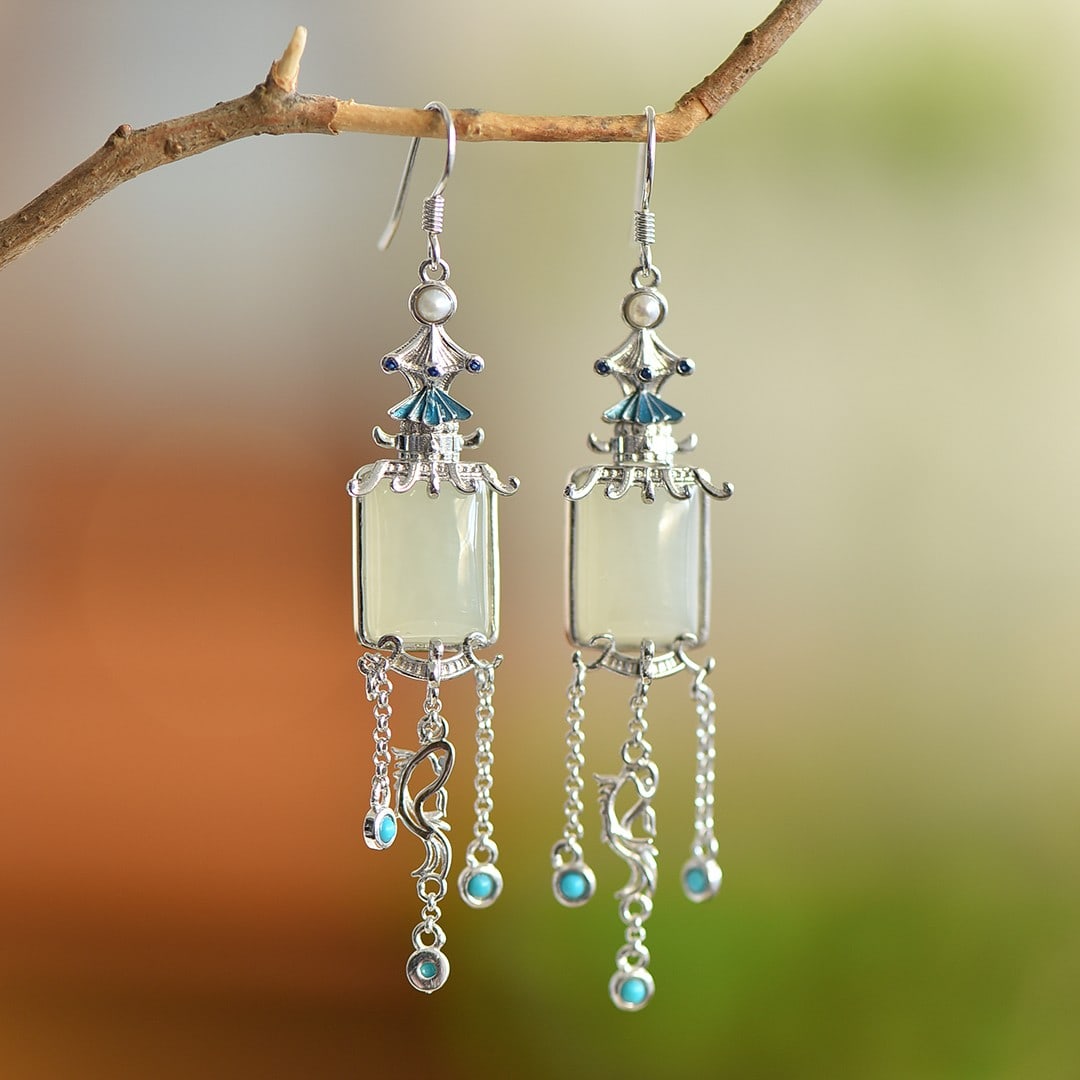 A Pair of Exquisite Sterling Silver Inlaid White Jade Earrings,Inlaid Turquoises: A Pair of Exquisite Sterling Silver Inlaid White Jade Earrings,Inlaid Turquoise,Size:10mmx14mm 