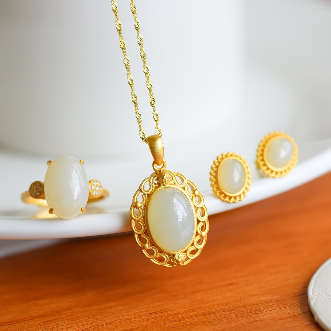 A Set of Fine Gilt Silver Inlaid White Jade Jewelrys: A Set of Fine Gilt Silver Inlaid White Jade Jewelrys, 一套纯银镀金鎏金镶白玉首饰