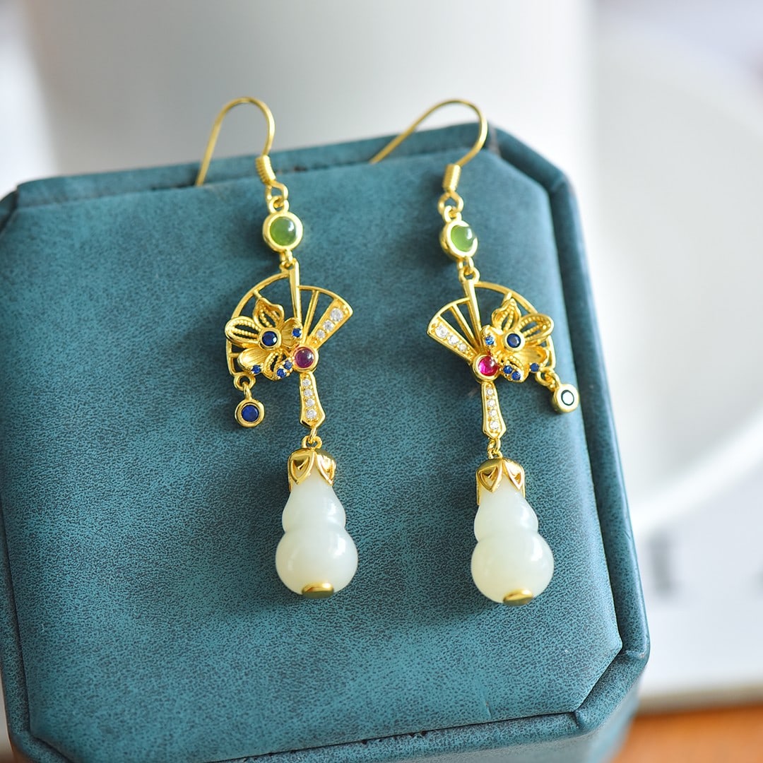 A Pair of Exquisite Sterling Silver-Gold Plated Inlaid White Jade Gourd Earrings,Inlaid Diamonds: A Pair of Exquisite Sterling Silver-Gold Plated Inlaid White Jade Gourd Earrings,Inlaid Diamonds,Size:9mmx15mm 