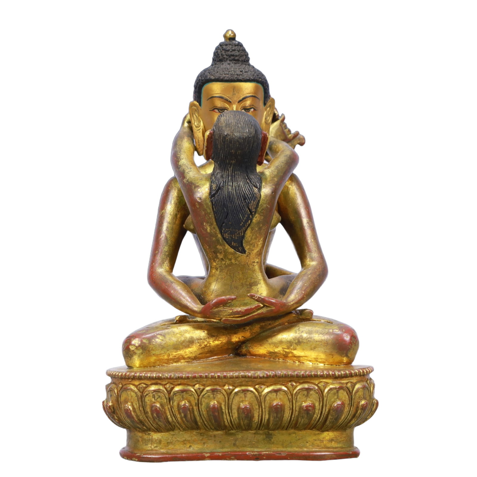 A Solemn Gilt Bronze Statue of Mandkesvara: A Solemn Gilt Bronze Statue of Mandkesvara,Ming Dynasty, China,Size:4.7inx3.1inx7.9in Weight:1800g 铜鎏金欢喜佛像,中国明代