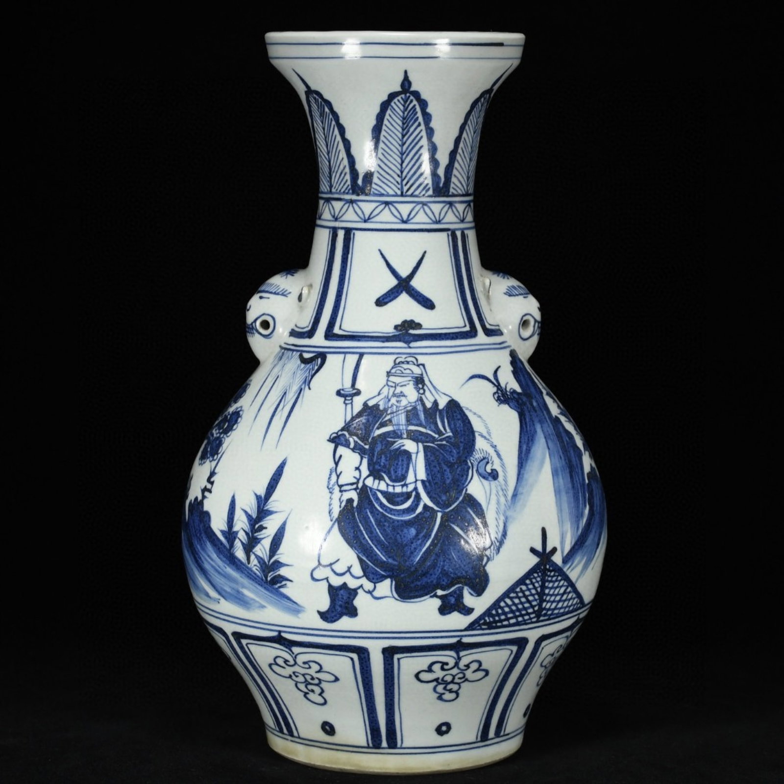 A Rare Blue and White Figure Pattern Beast-Ears Vase: A Rare Blue and White Figure Pattern Beast-Ears Vase,Yuan Dynasty,China,Size:13.8inx8.3in 青花人物纹兽耳瓶,中国元代