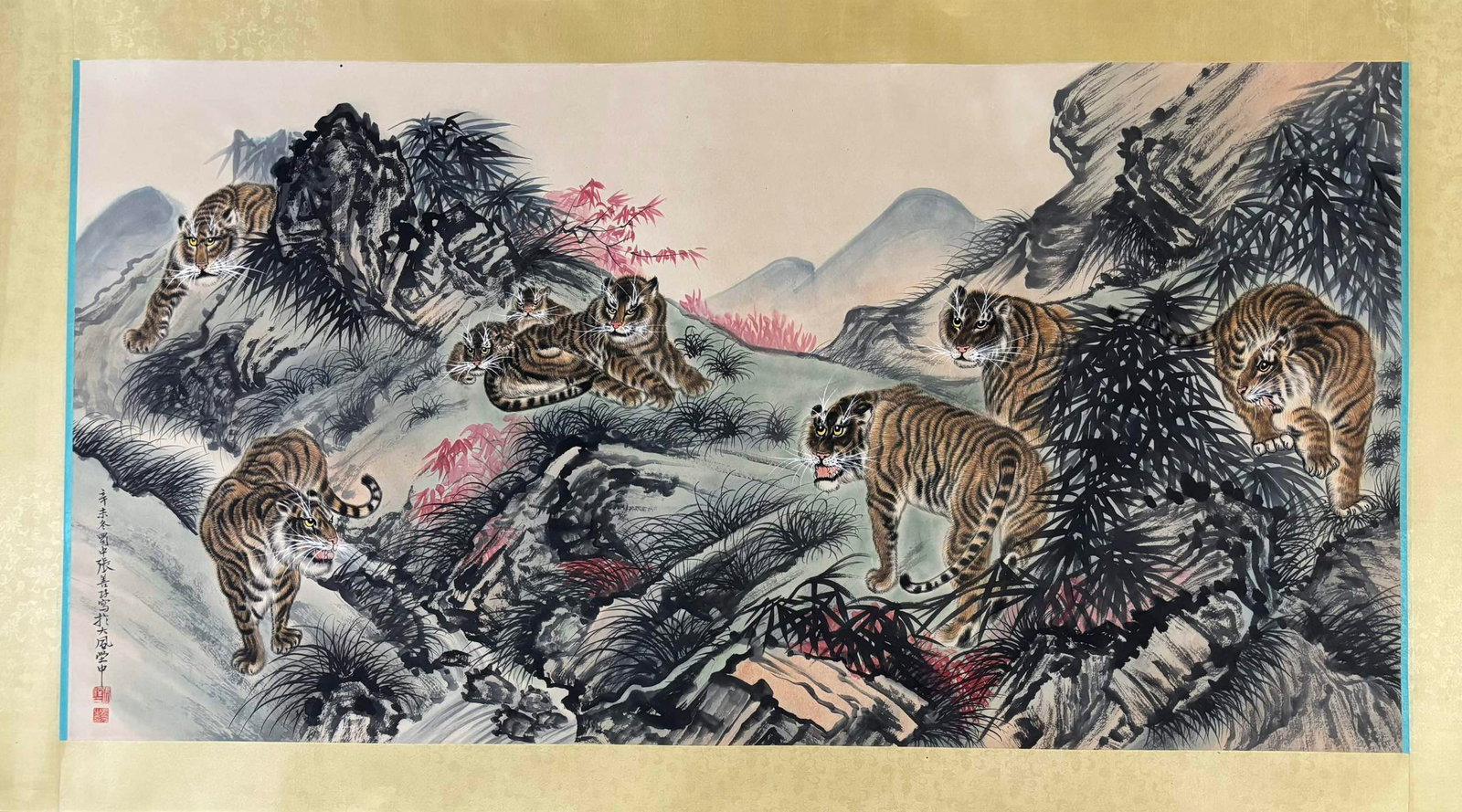 A Chinese Ink Painting of Tiger on Paper,Zhang Shanzi: A Chinese Ink Painting of Tiger on Paper,Zhang Shanzi,Size:(Without frame)53.5inx27.6in 一幅中国水墨虎图,张善孖