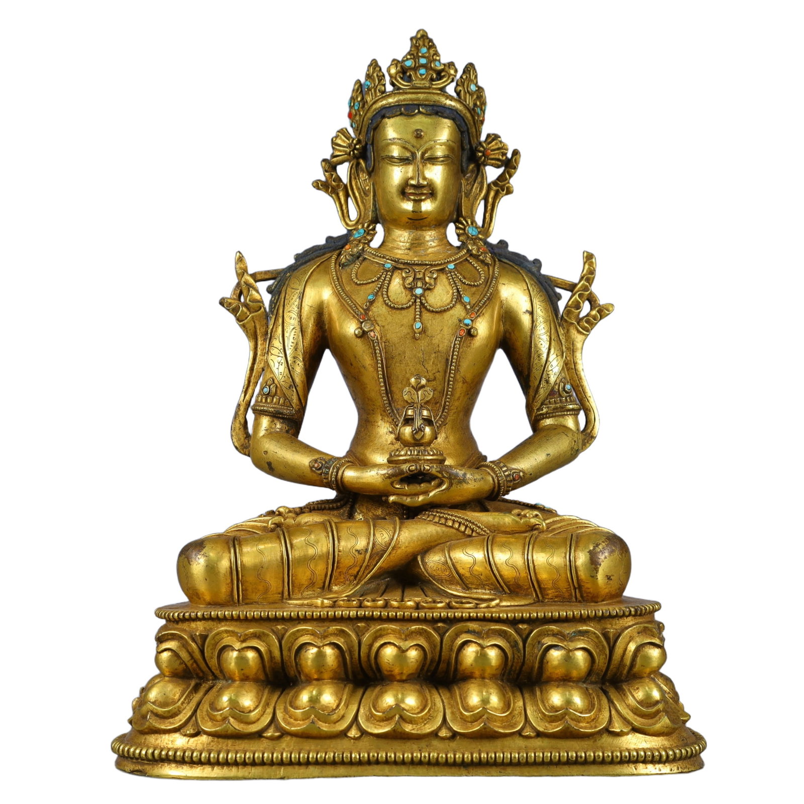 A Solemn Gilt Bronze Statue of Amitayus,Inlaid Turquoise,With Inscription: A Solemn Gilt Bronze Statue of Amitayus,Inlaid Turquoise,With Inscription,Qing Dynasty, China,Size:8.7inx5.9inx11.4in,Weight:3600g 