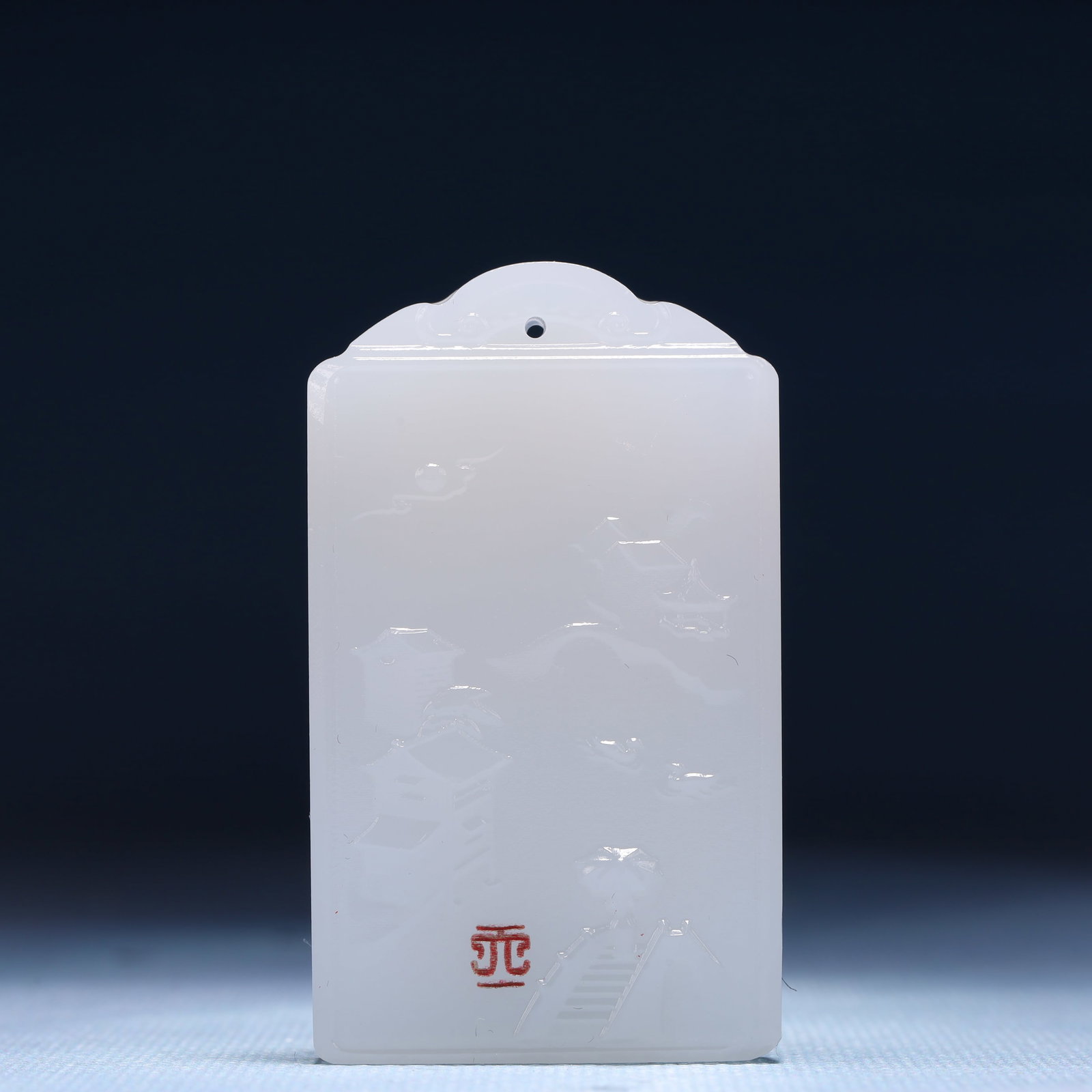 An Exquisite White Jade Landscape Pattern Pendant: An Exquisite White Jade Landscape Pattern Pendant,Size:1.4inx0.4inx2.4in,Weight:47g 白玉山水纹牌