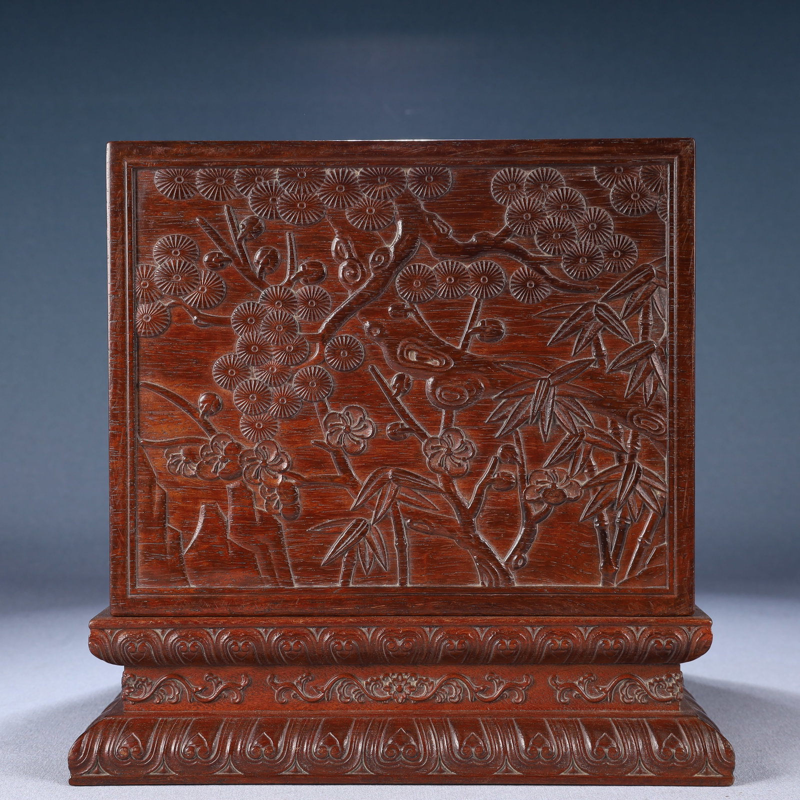 An Exquisite Zitanwood Pine, Bamboo and Plum Blossom Pattern Cover Box: An Exquisite Zitanwood Pine, Bamboo and Plum Blossom Pattern Cover Box,Qing Dynasty, China,Size:8.7inx8.5in,Weight:2050g 