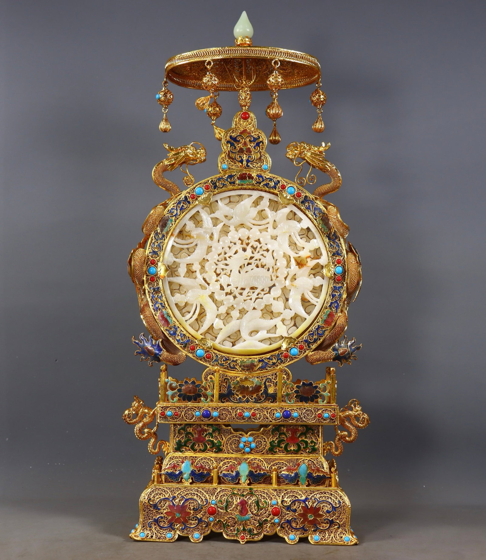 A Huge Filigree and Gilding Inlaid White Jade Crane and Deer Pattern Dragon-Ears Table Screen,Inlaid: A Huge Filigree and Gilding Inlaid White Jade Crane and Deer Pattern Dragon-Ears Table Screen,Inlaid Turquoise and Gems,Qing Dynasty,China,Qianlong Four-character