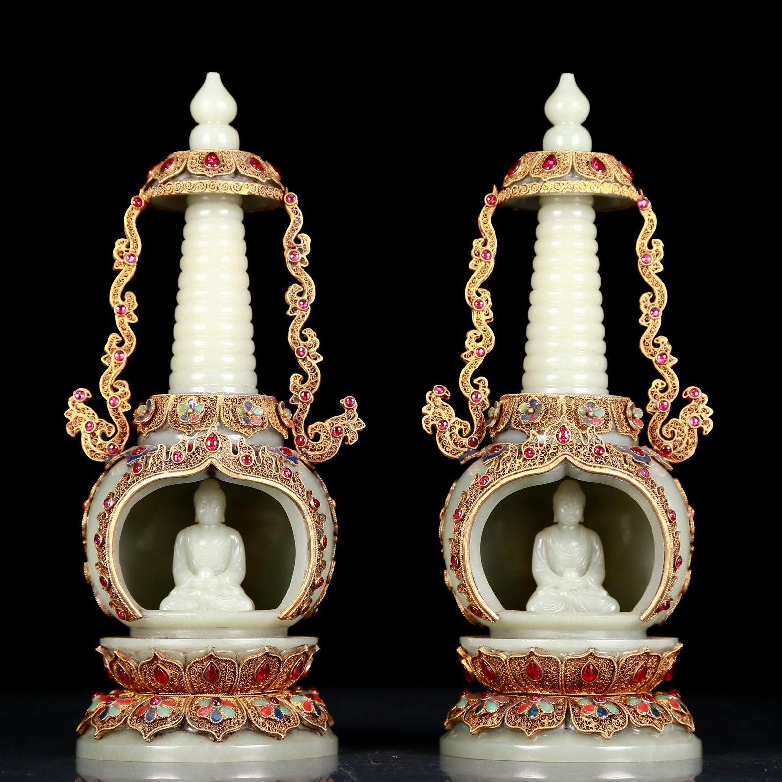 A pair of exquisite white jade clad silver and gilt shrines for Buddha Shakyamuni (1 of 7)