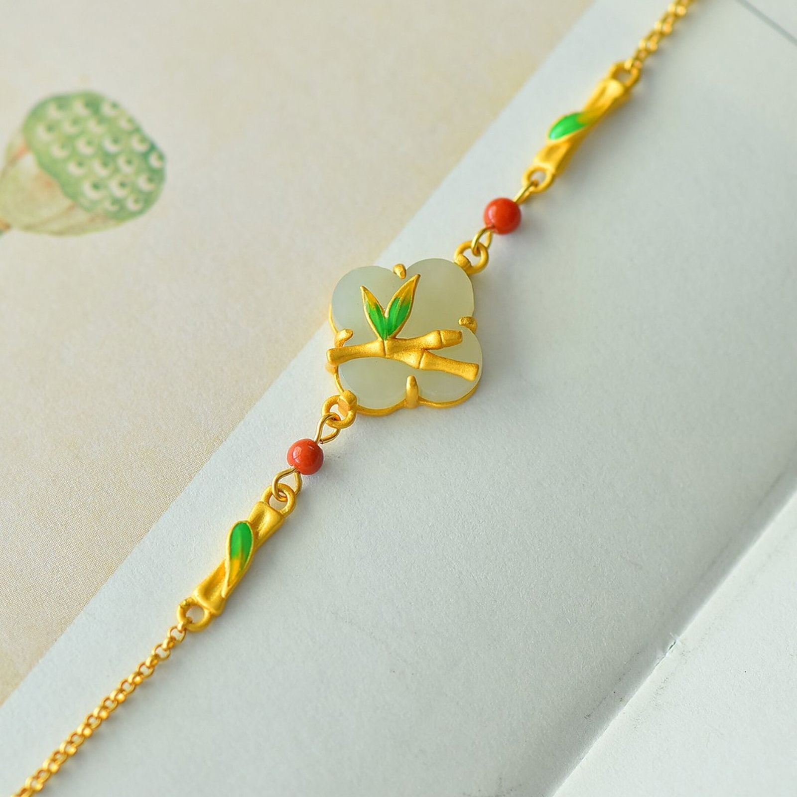 An Exquisite Sterling Silver-Gold Plated Inlaid White Jade Enamel Bracelet: An Exquisite Sterling Silver-Gold Plated Inlaid White Jade Enamel Bracelet 纯银镀金镶白玉珐琅手链