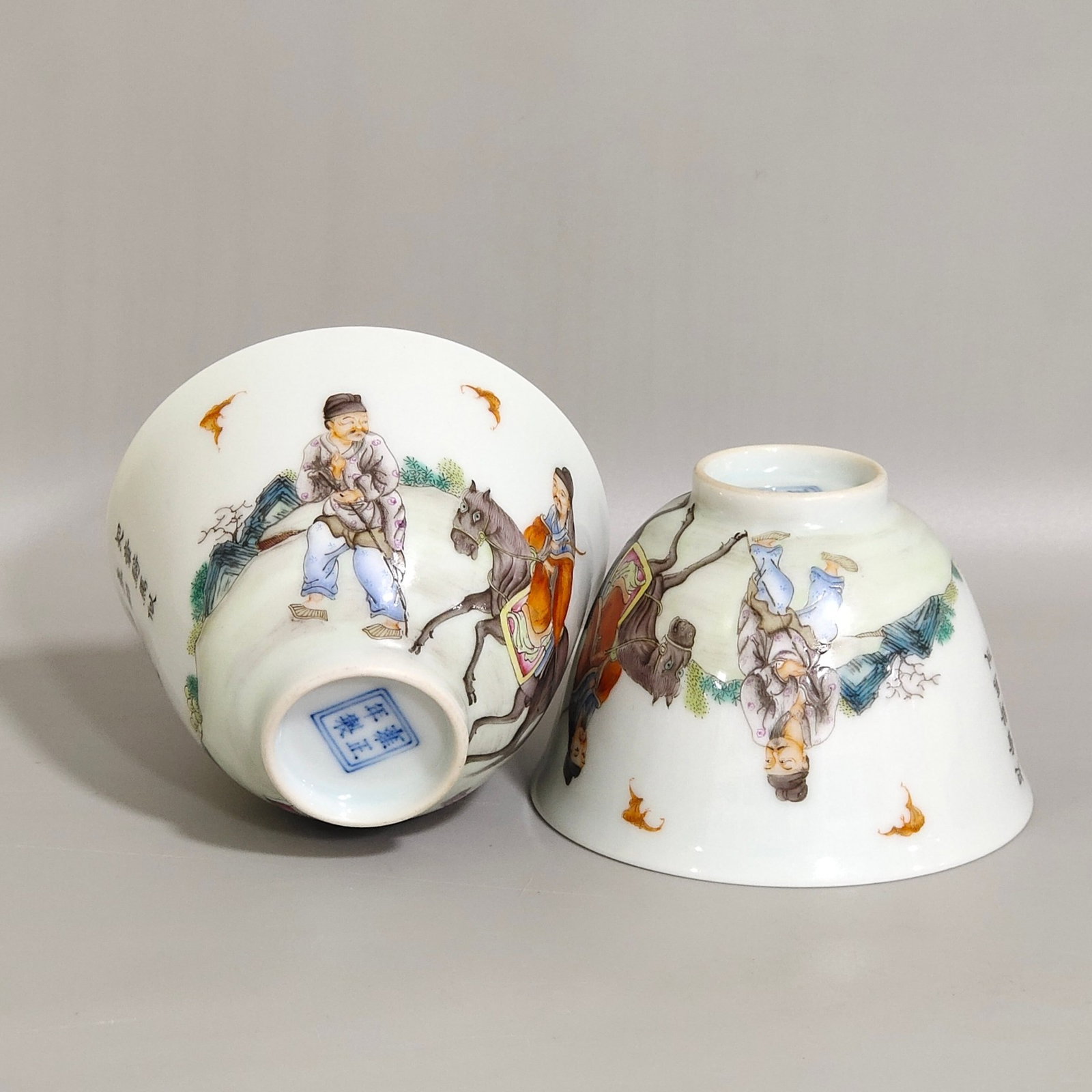 A Pair of Exquisite Famille-Rose Character and Story Pattern Cups,With Poem: A Pair of Exquisite Famille-Rose Character and Story Pattern Cups,With Poem,Qing Dynasty,China,Yongzheng Four-character Mark,Size:2inx3in 