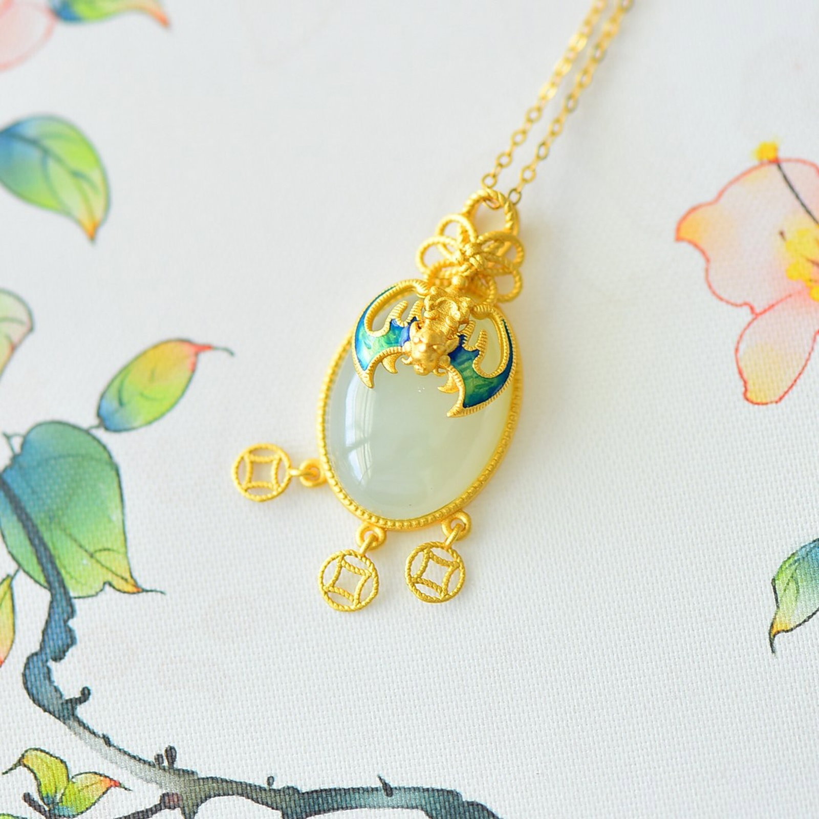 An Exquisite Sterling Silver-Gold Plated Inlaid White Jade Enamel Pendant: An Exquisite Sterling Silver-Gold Plated Inlaid White Jade Enamel Pendant 纯银镀金镶白玉珐琅吊坠
