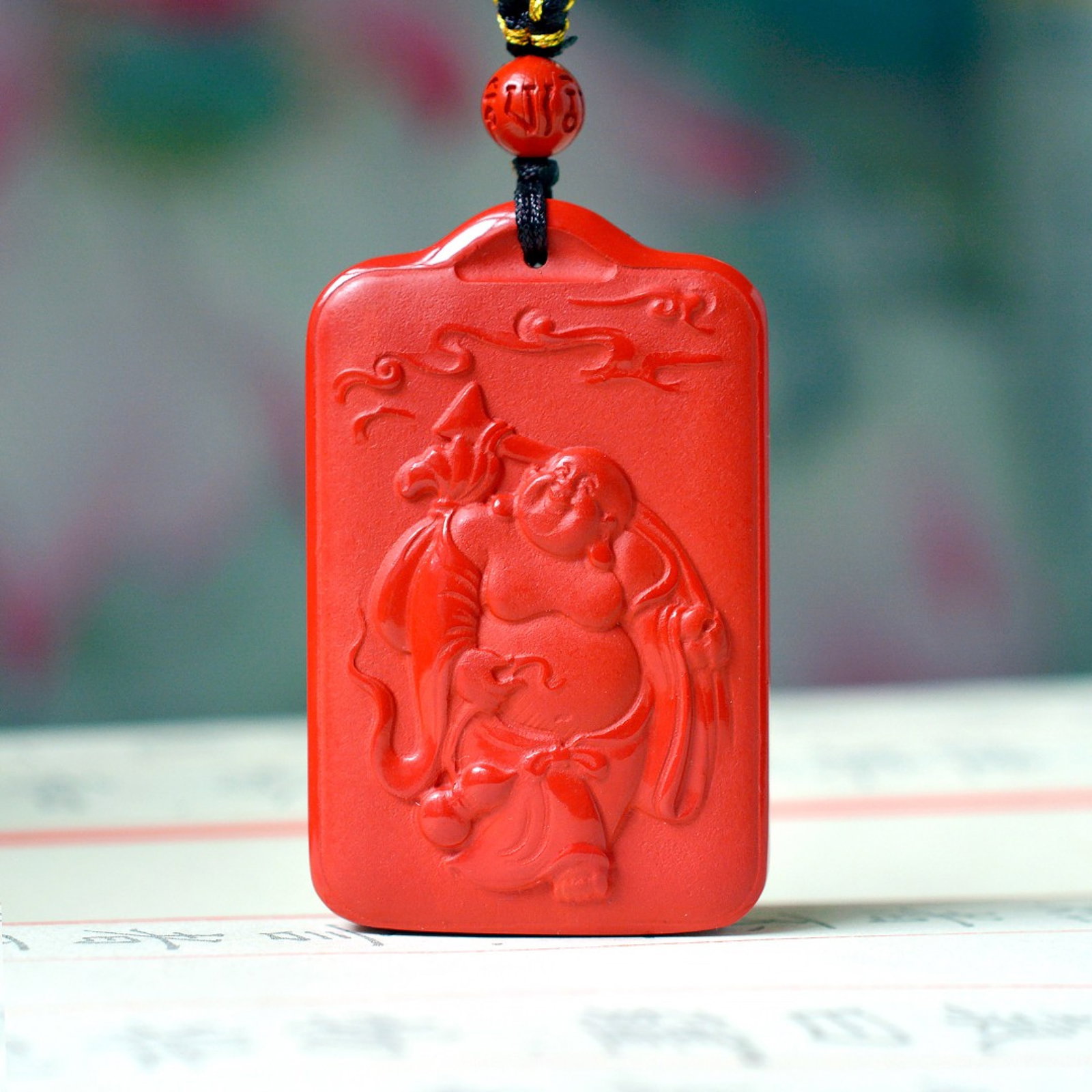 An Exquisite Cinnabar Lotus,Fish and Maitreya Buddha Pattern Pendant: An Exquisite Cinnabar Lotus,Fish and Maitreya Buddha Pattern Pendant,Size:31mmx49mm (寓意)吉祥招财喜庆、驱邪避凶、&#