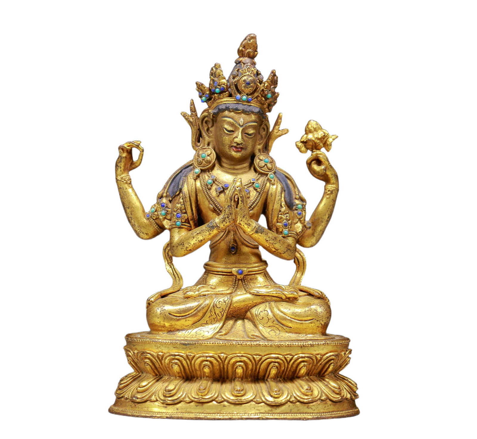 A Solemn Gilt Bronze Inlaid Turquoise Statue of Four-Armed Guanyin: A Solemn Gilt Bronze Inlaid Turquoise Statue of Four-Armed Guanyin,Ming Dynasty, China,Size:3.5inx2.8inx5.5in,Weight:650g 