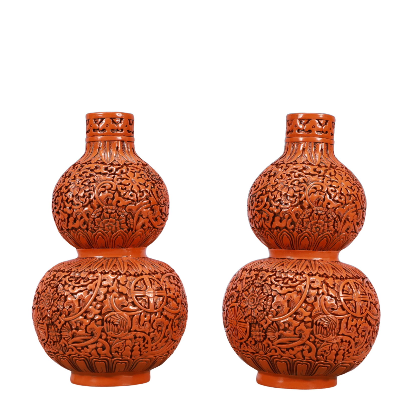 A Pair of Exquisite Carved Red Lacquer Flower Pattern Vases: A Pair of Exquisite Carved Red Lacquer Flower Pattern Vases,Qing Dynasty, China,Qianlong Six-character Mark,Size:5.7inx10.2in,Total Weight:1350g 