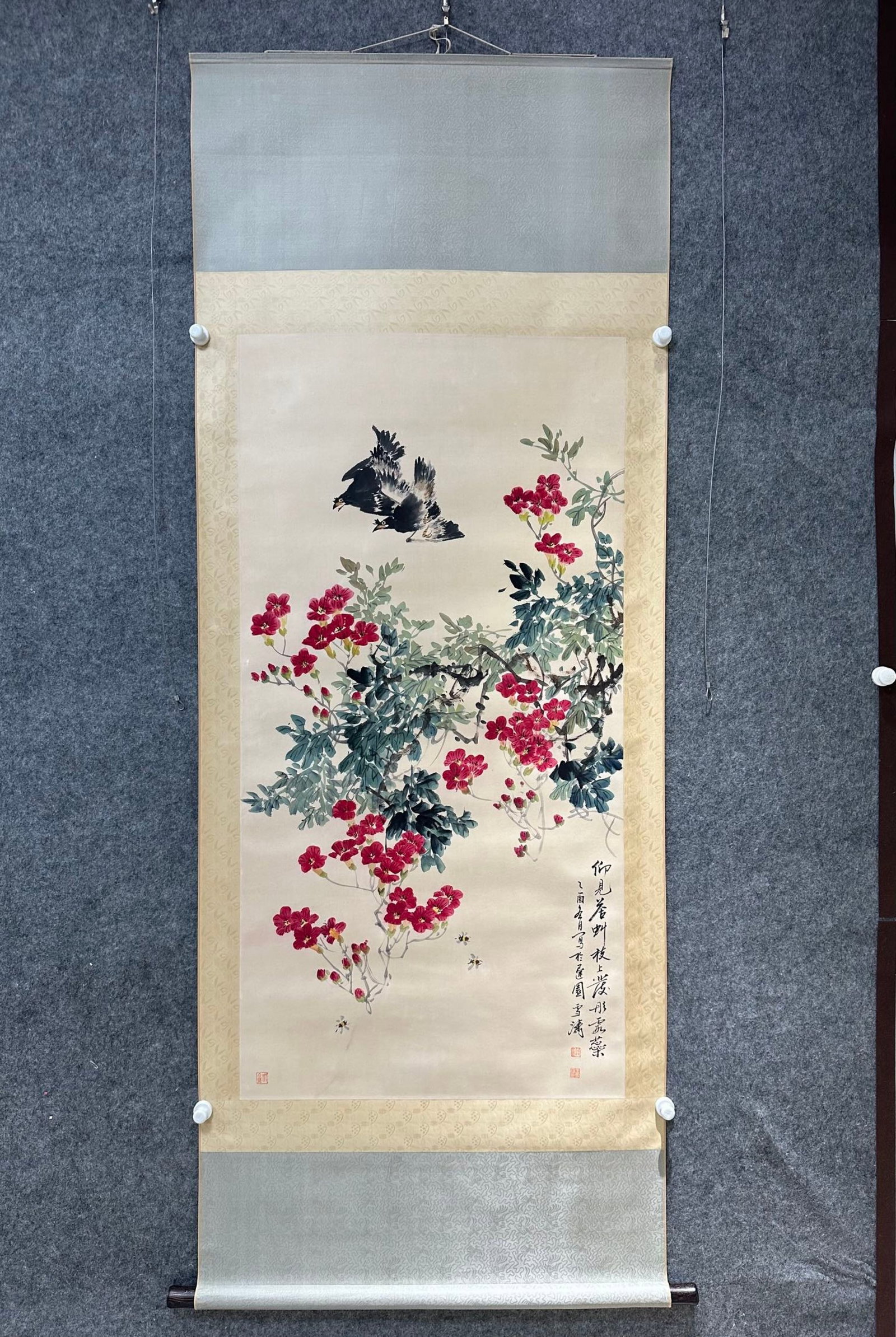 A Chinese Vertical Scroll Ink Painting of Flower and Bird on Paper,Wang Xuetao: A Chinese Vertical Scroll Ink Painting of Flower and Bird on Paper,Wang Xuetao,Size:(Without frame)27.4inx53.9in 