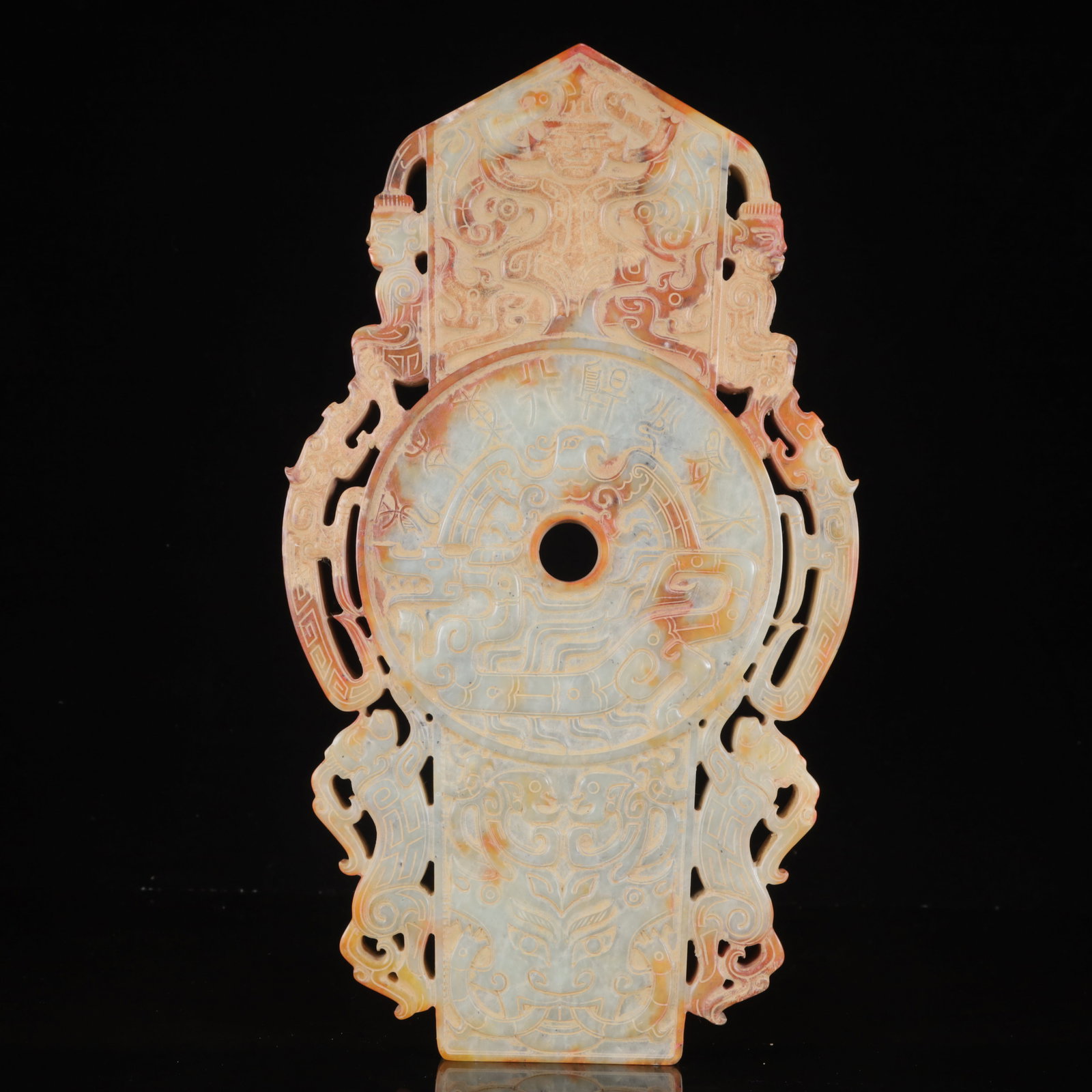 An Exquisite White Jade Figure-Face Pattern Ornament: An Exquisite White Jade Figure-Face Pattern Ornament,Qing Dynasty,China,Size:8.3inx0.8inx15in,Weight:2800g 白玉人面纹摆件,中国清代