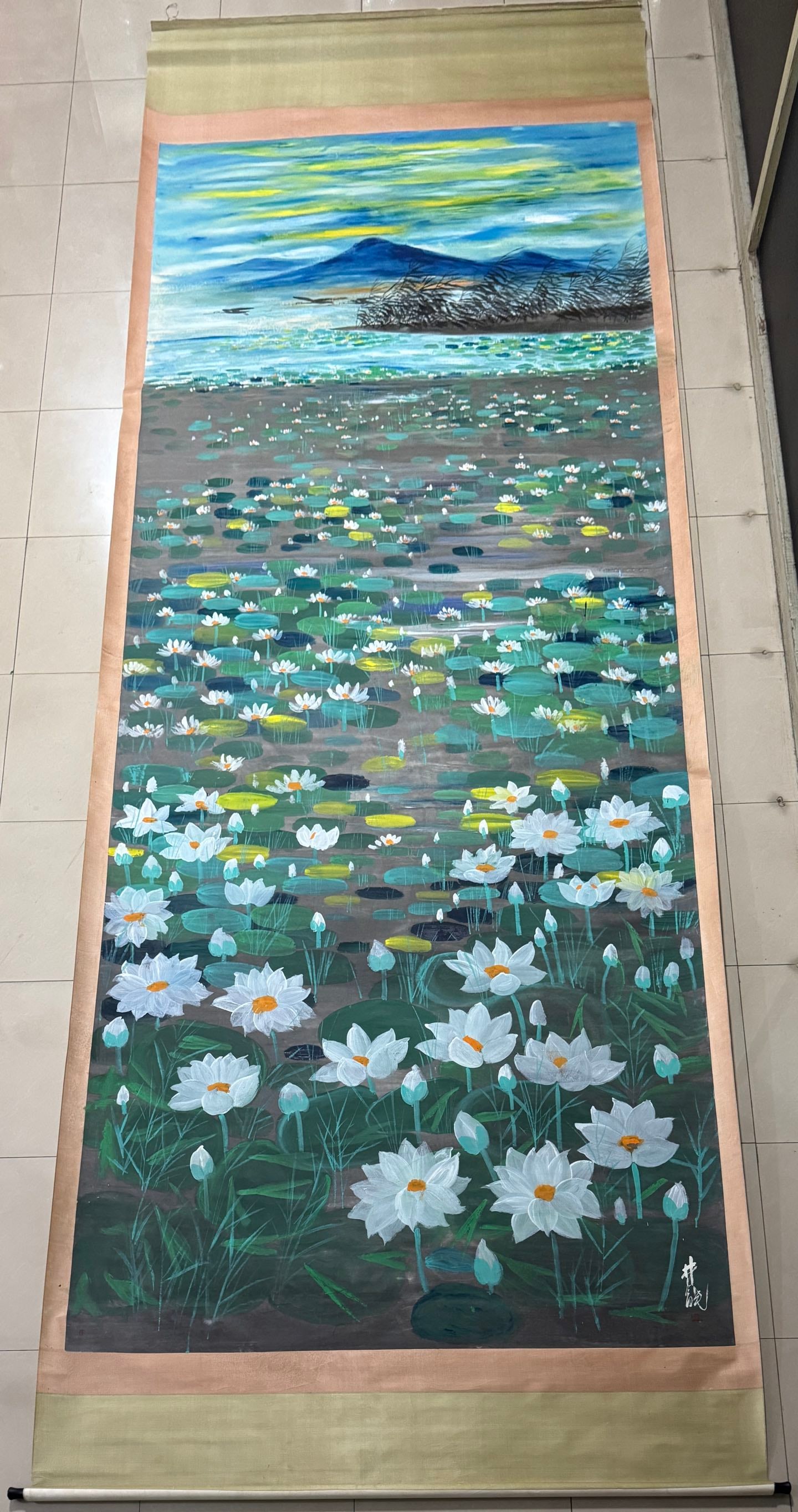 A Chinese Vertical Scroll Ink Painting of Lotus on Paper,Lin Fengmian: A Chinese Vertical Scroll Ink Painting of Lotus on Paper,Lin Fengmian,Size:78.7inx196.8in 