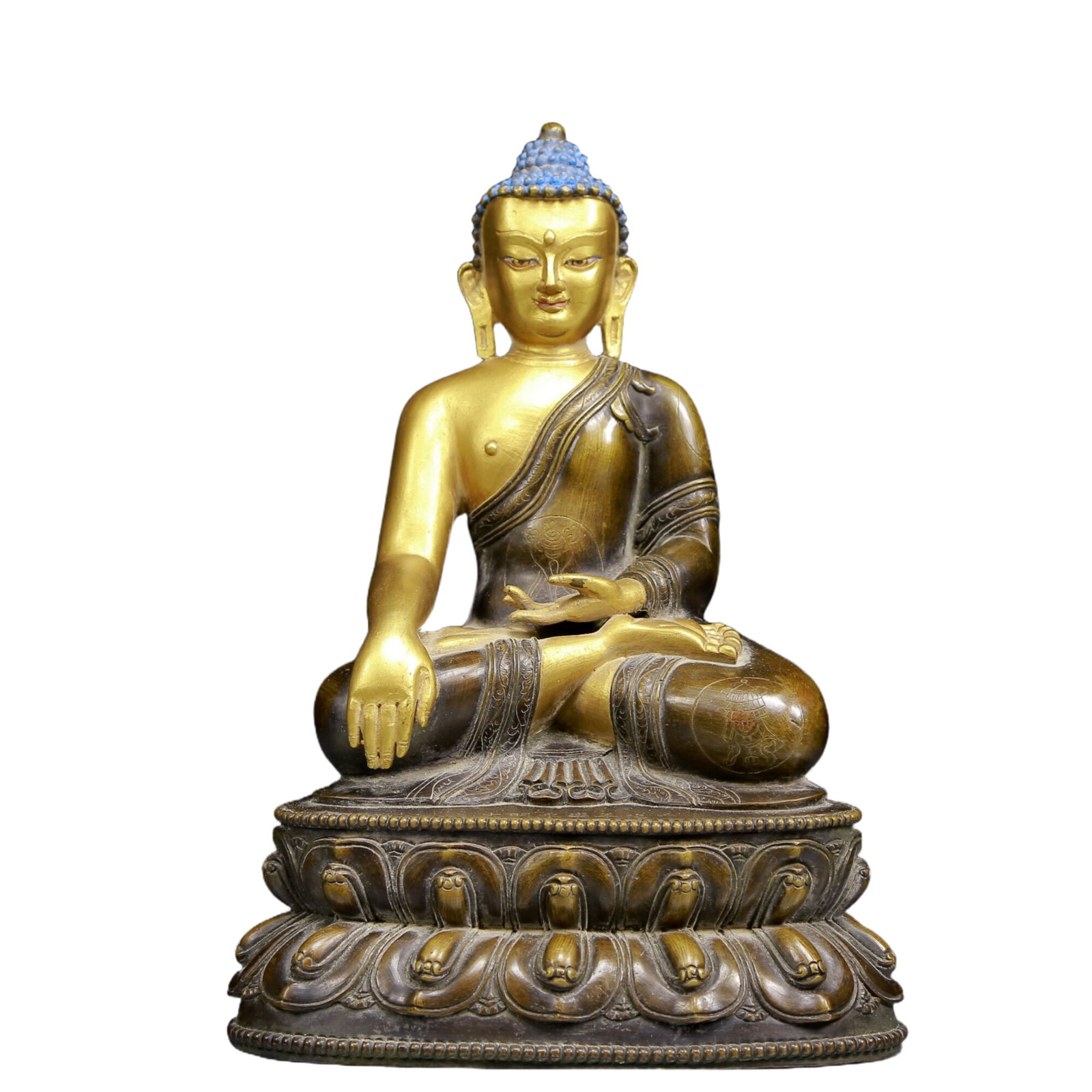 A Solemn Gilt Bronze Statue of Sakyamuni: A Solemn Gilt Bronze Statue of Sakyamuni,Ming Dynasty, China,Size:7.5inx5.5inx10.6in,Weight:4105g 铜鎏金释迦摩尼像，明代